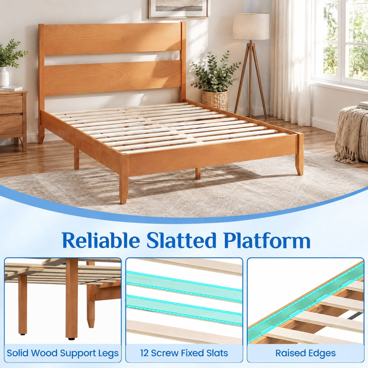 Airfind Queen Bed Frame with Headboard and Solid Wood Legs 12 Slats, 800 lbs Capacity, Rubber Wood Engineered Wood LVL Frame, Wood