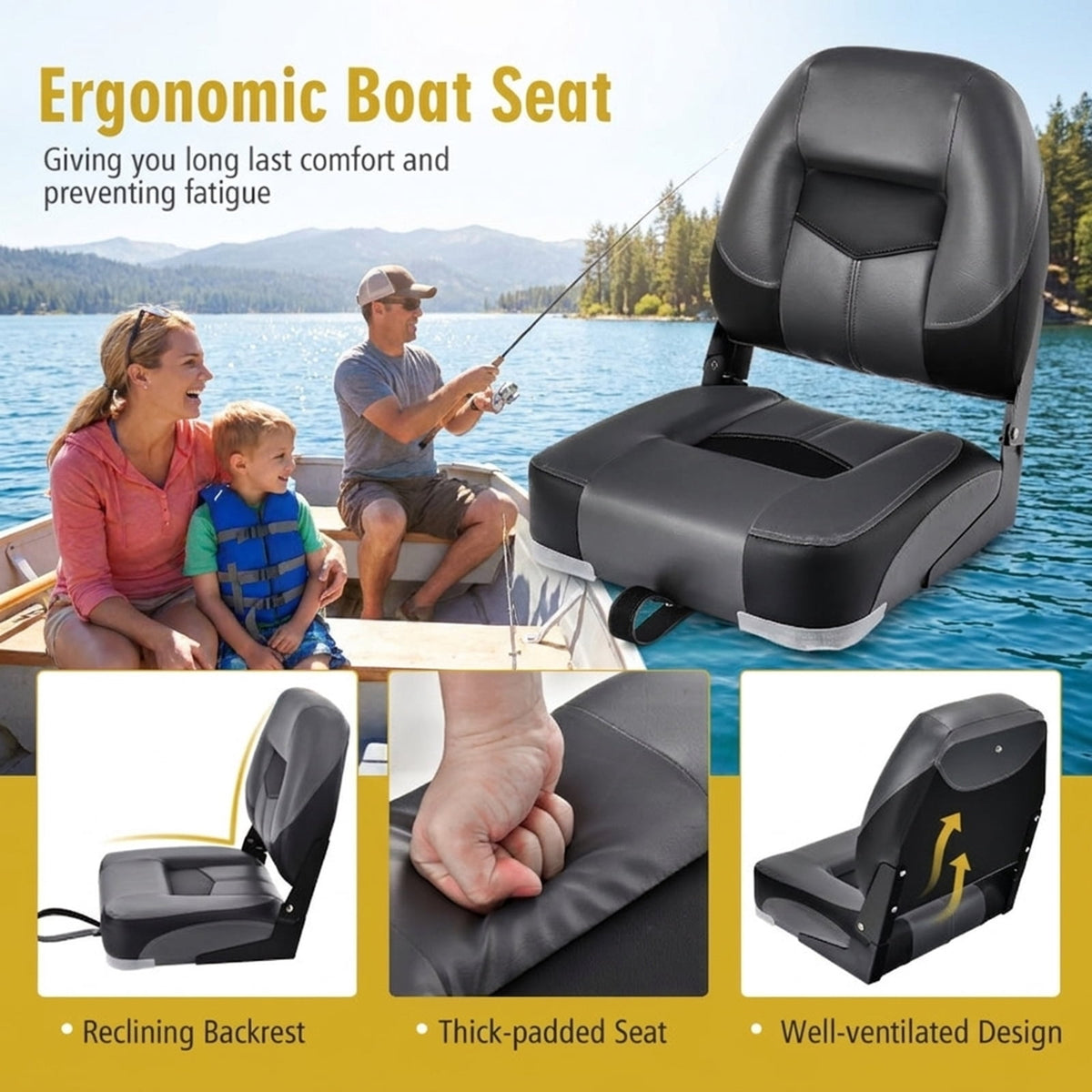 Airfind Set of 2 Folding Low Back Fishing Boat Seats with 4.3 Inch Padding and Stainless Steel Screws, Weatherproof Marine Seats, Black