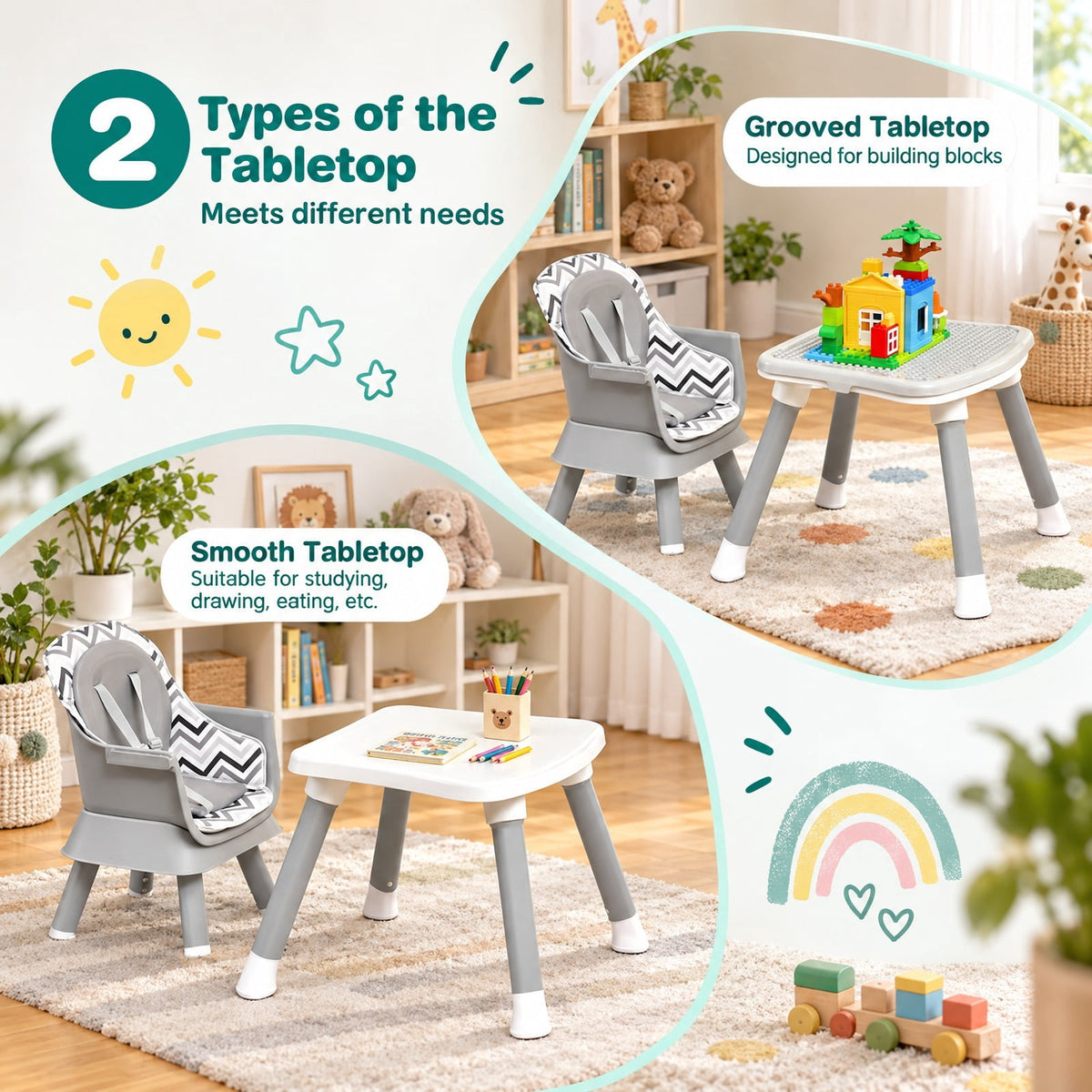 Airfind 6-in-1 Convertible Youth High Chair featuring Adjustable Removable Tray with Detailed Instruction and Tool-free Installation, Gray