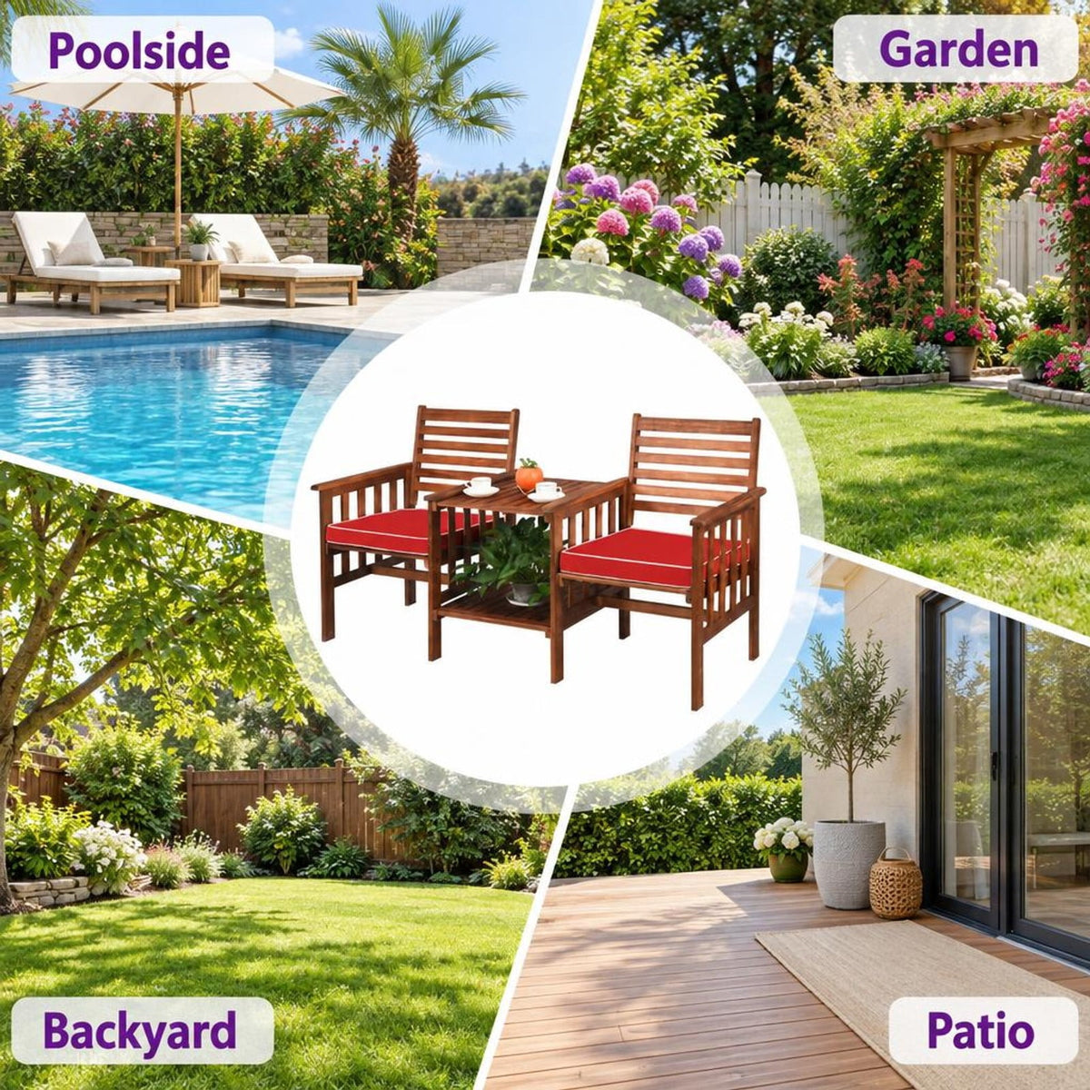 Airfind 3 pcs Outdoor Patio Table Chairs Set Acacia Wood Loveseat, 70 lbs Capacity, Acacia wood polyester sponge Frame, 65 x 26 x 35 Footprint