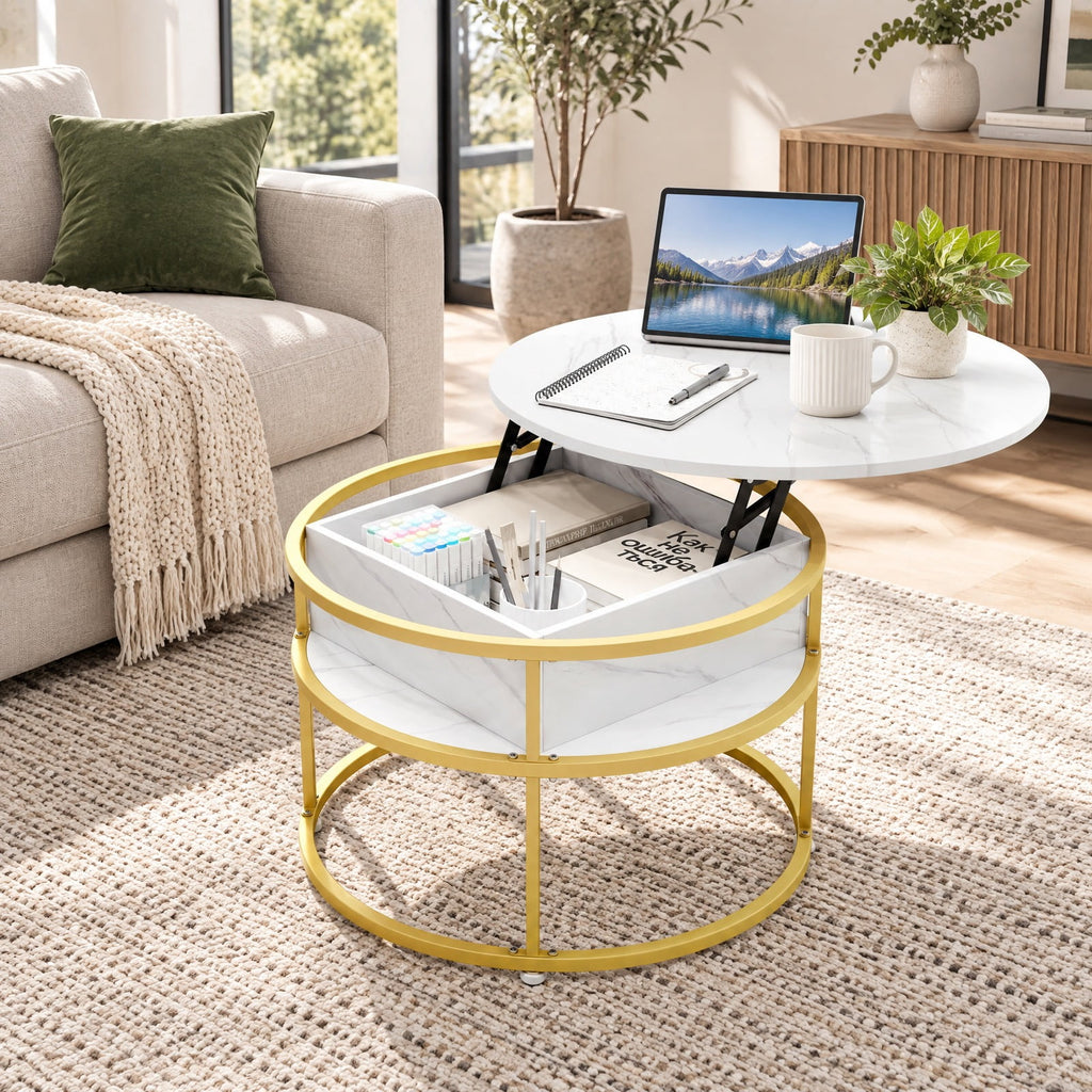 Airfind 31.5 Inch Round Lift Top Coffee Table with Hidden Compartment and Side Shelves, 110 lbs Capacity, Engineered Wood Metal Frame, White