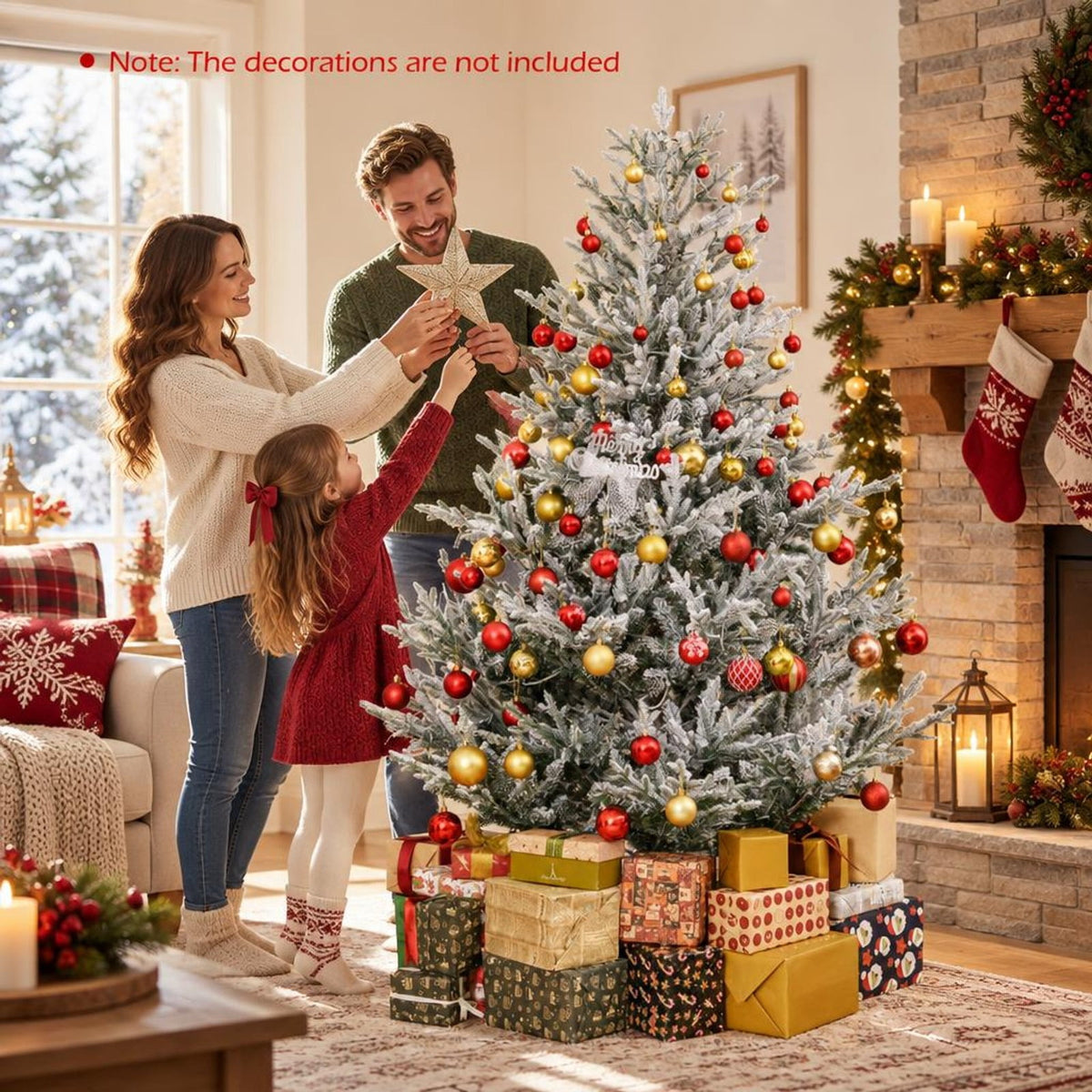 Airfind 6/7/8 Feet Pre-Lit Artificial Christmas Tree Hinged Snow Flocked Xmas Tree-6 ft, PE PVC Metal Frame, 5.2 x 8 ft Footprint, Green