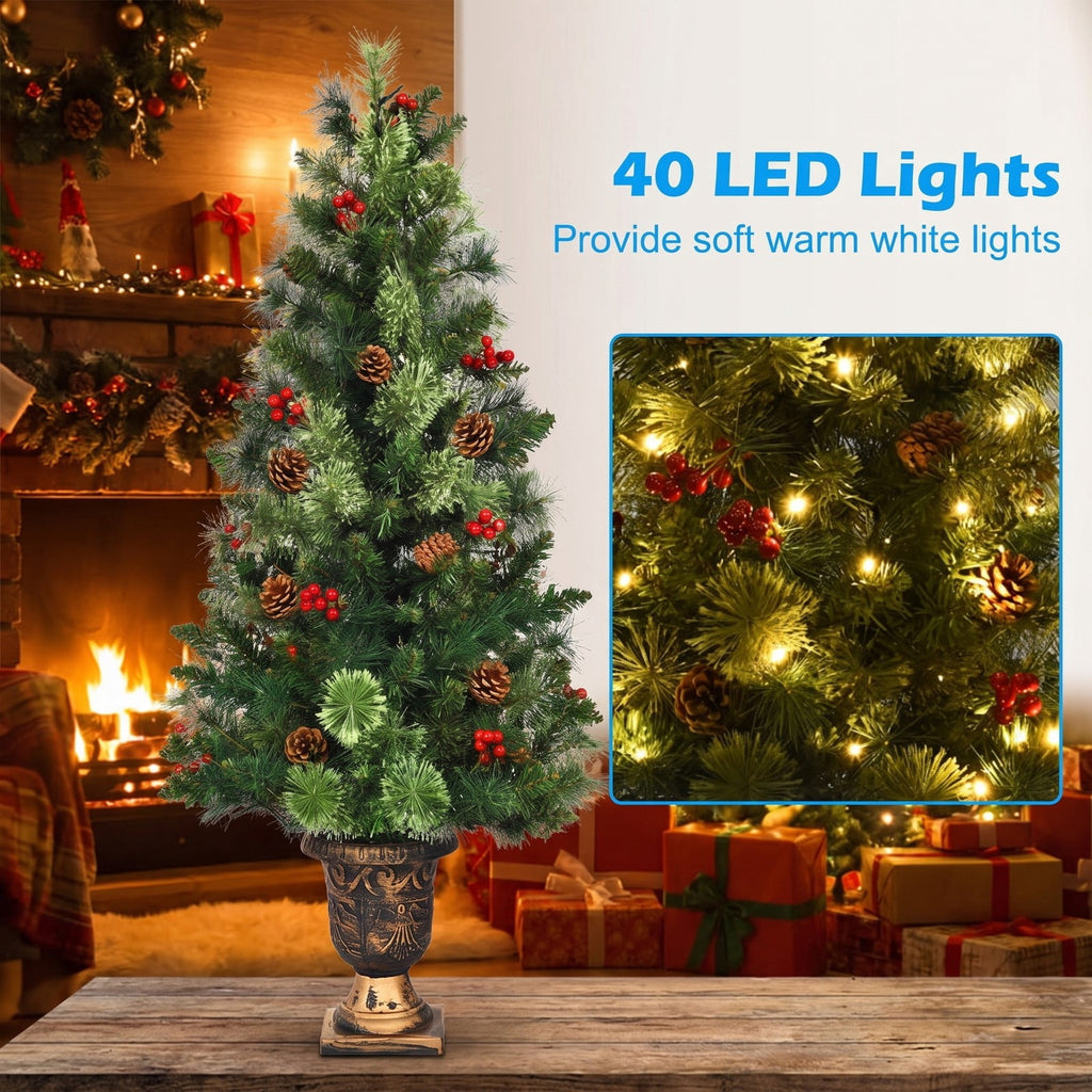 Airfind LED Christmas Tree with Red Berries Pine Cones-3, PVC Metal Cement Tree Height 3 ft 4 ft 5 ft Tree Width 15 22 26 Frame, Red
