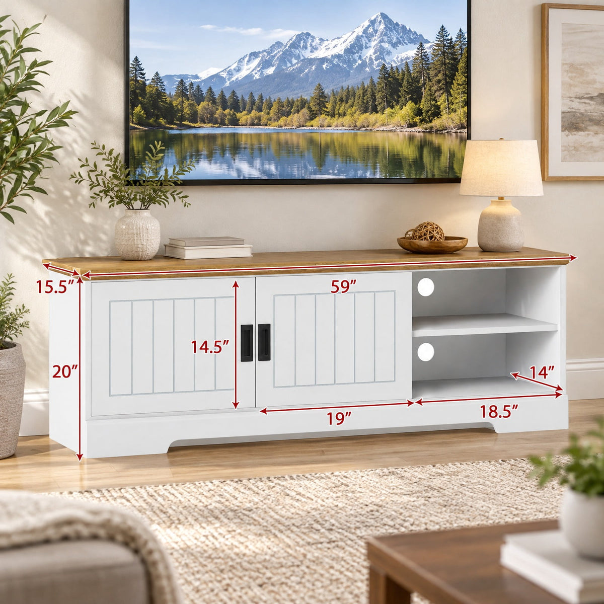 Airfind Farmhouse TV Stand for TVs up to 65 Inch with Sliding Doors and Storage Cabinets, 88 lbs Capacity, Engineered Wood MDF Frame, White