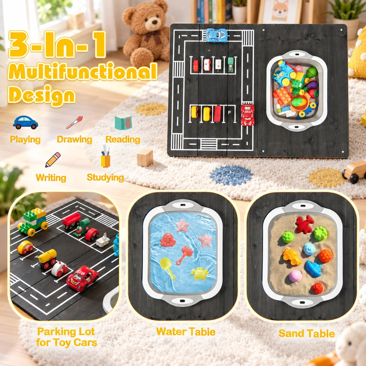 Airfind 3-in-1 Kids Sand Water Activity Table with Foldable Storage Bin, Fir Wood Fabric PP Frame, for 3-8 Years Old, Natural+Black