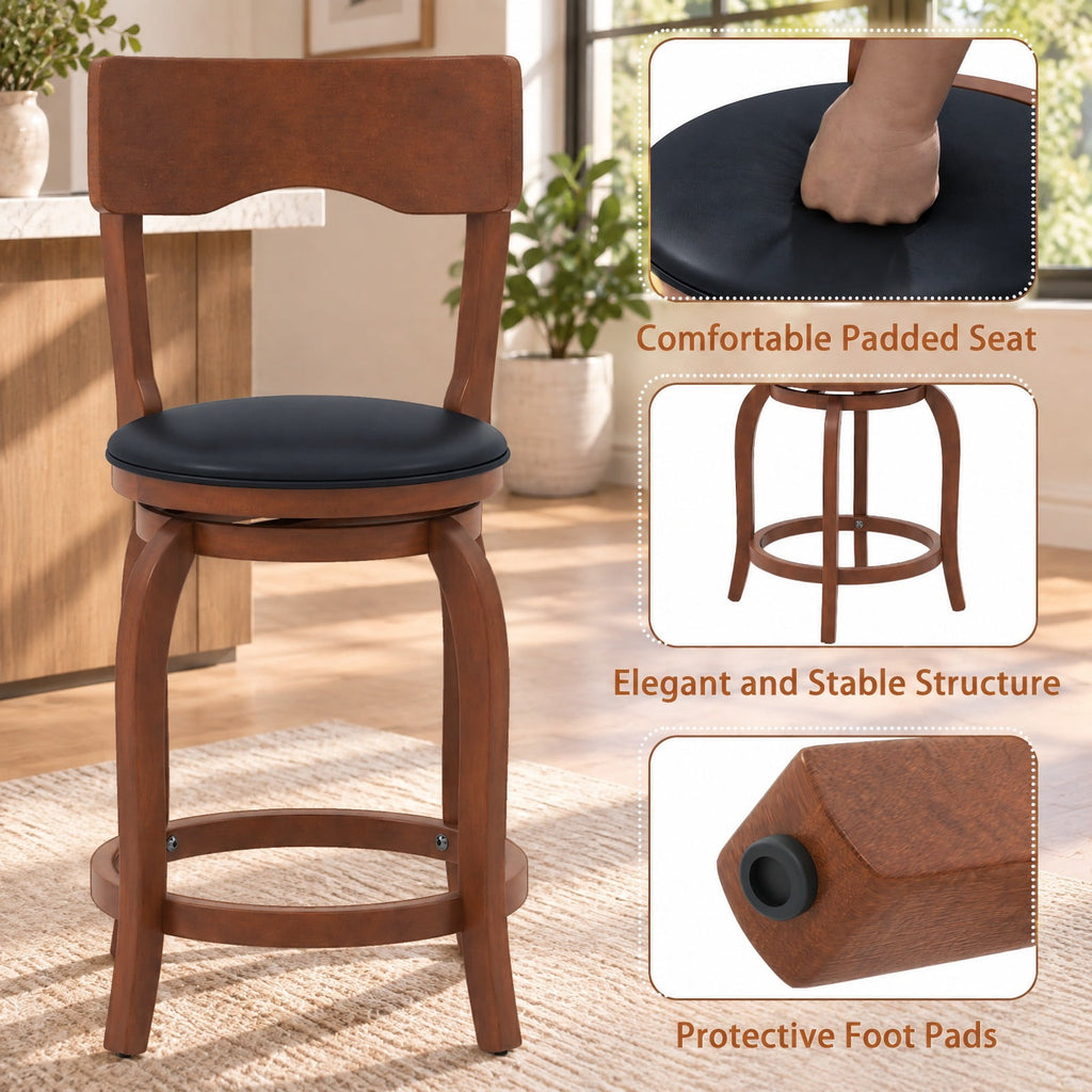 Airfind Swivel Bar Stools Set of 2 with Rubber Wood Frame and Upholstered Seat-24 Inch, 286 lbs Capacity, Rubber Wood Sponge PVC Frame, Wood