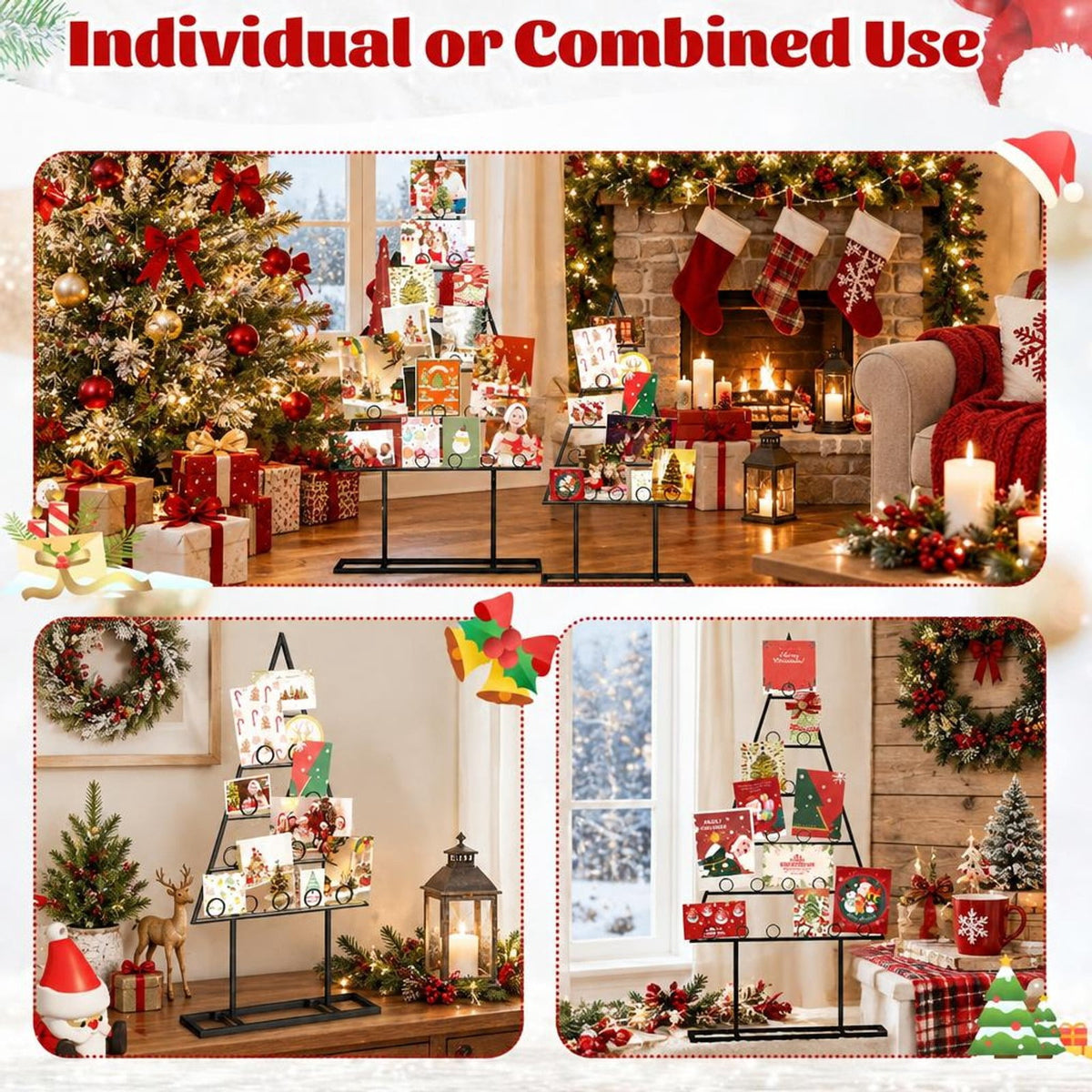 AIRFIND Christmas Card Holder Set of 2 Tree-Shaped Metal Photo Display Stands with 36 Round Clips, Large and Small Holiday Racks, Black