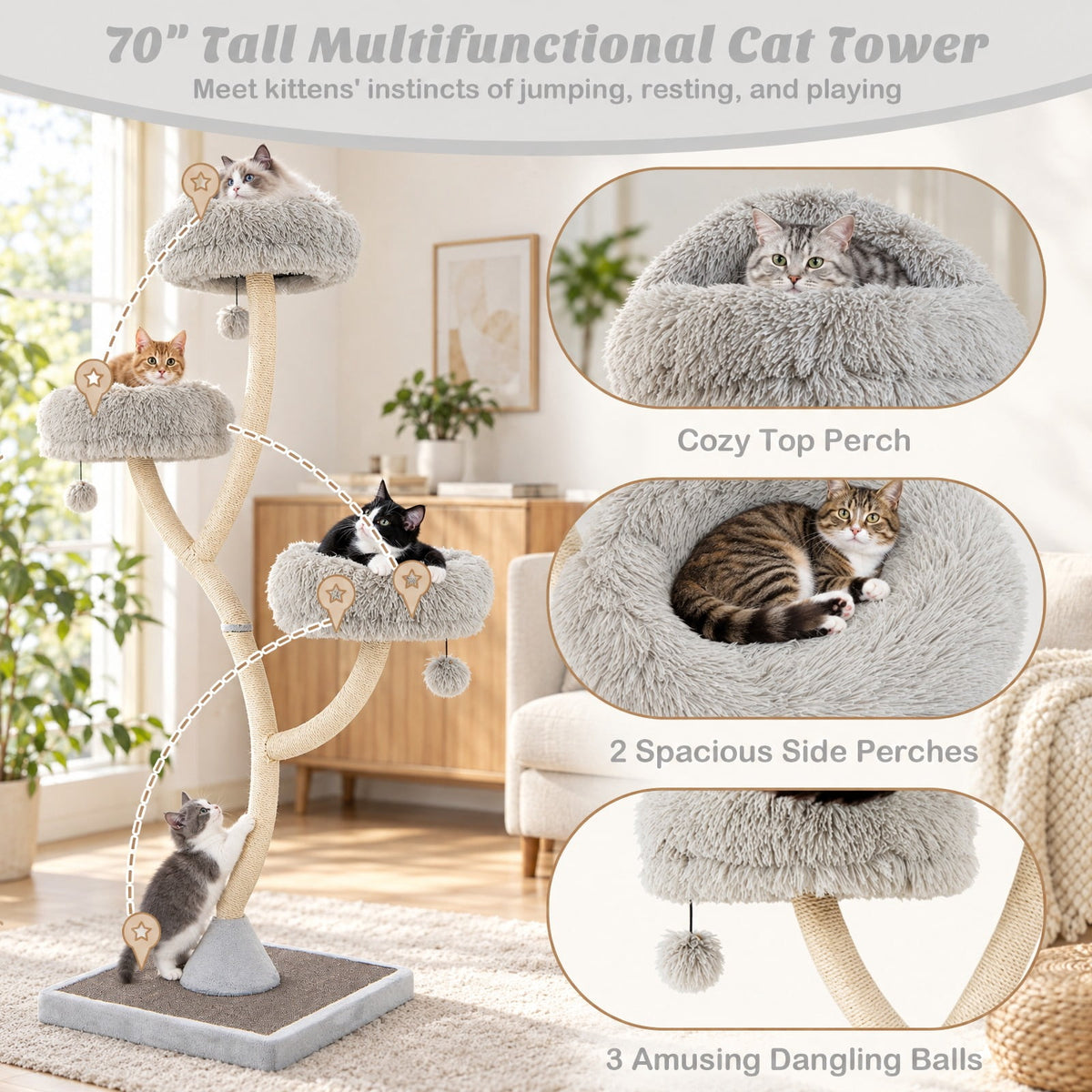 Airfind 70 Inch Tall Cat Tree 4-Layer Cat Tower with 3 Perches and Dangling Balls, 22 lbs Capacity, Engineering Board Metal Plush Sisal Rope Frame