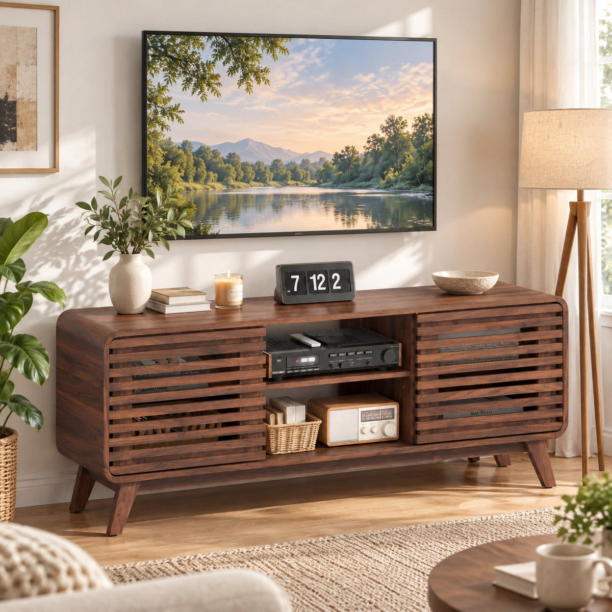 Airfind Mid Century Modern Entertainment Center with Grille-style Sliding Doors for Living Room, 100 lbs Capacity, MDF Engineered Wood Frame, Walnut