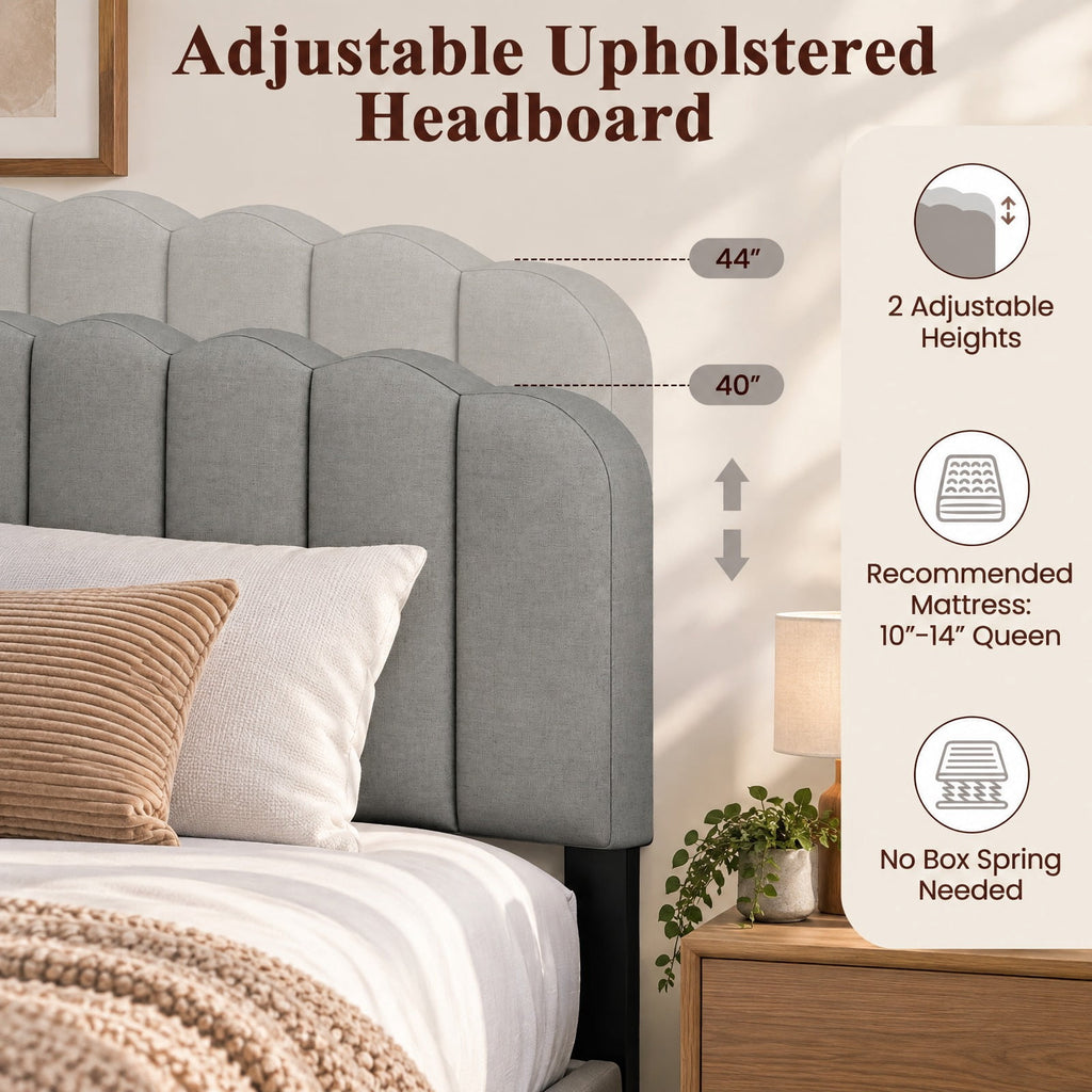 Airfind Queen Size Bed Frame with Adjustable Scalloped Tufted Headboard, 770 lbs Capacity, 84 x 61.5 x 40-44 Footprint, Gray + Black