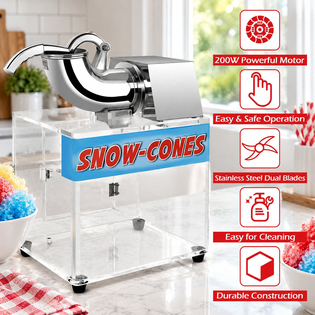 Airfind Electric Snow Cone Machine Ice Shaver Maker, 201 stainless Steel Frame, 16.5 x 12.5 x 24 (L x W x H) Acrylic box Footprint