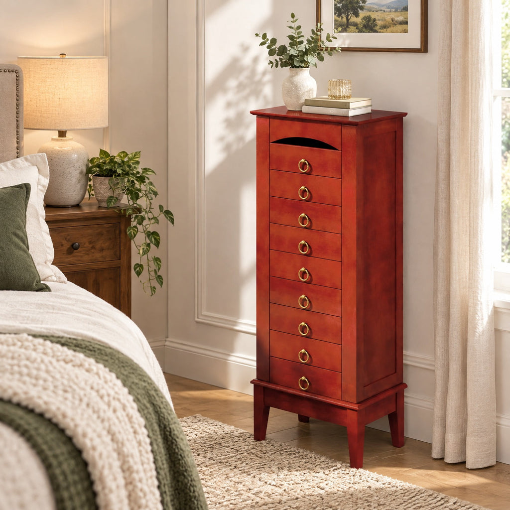 Airfind Large Capacity Jewelry Storage Cabinet with 9 Drawers, MDF Glass Frame, 16in x 10.5in x 40in Footprint, Walnut