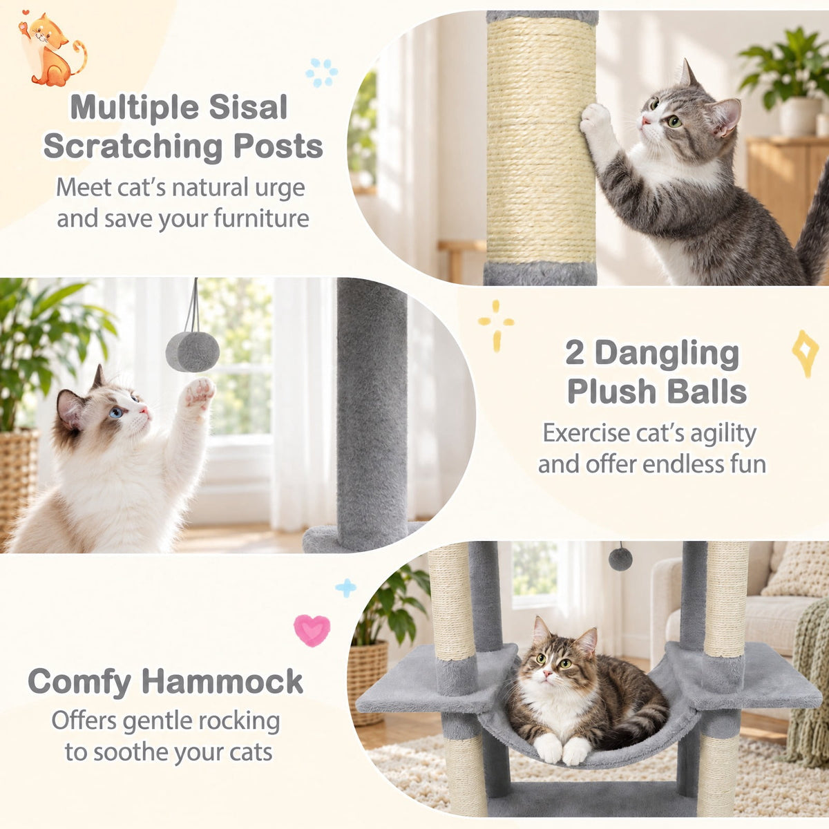 Airfind Large Cat Tree for Indoor Cats 70 Tall Cat Tower, 33 lbs Capacity, Plush Fabric Sisal Engineered Wood Overall Height 70 Base Frame