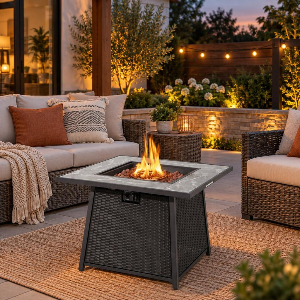 Airfind 35 Inch Propane Gas Fire Pit Table Wicker Rattan with Lava Rocks PVC Cover, 330 lbs Capacity, Steel stainless steel marble PE rattan Frame