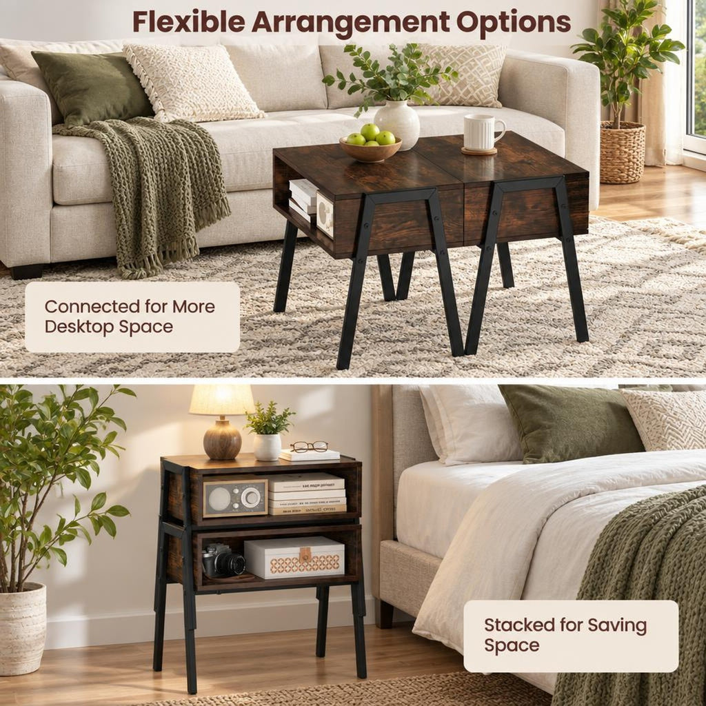 Airfind 2 Pieces Stackable Night Stand Bedside End Table Set, 66 lbs Capacity, Steel Frame, 21 x 14 x 18 Footprint, Brown