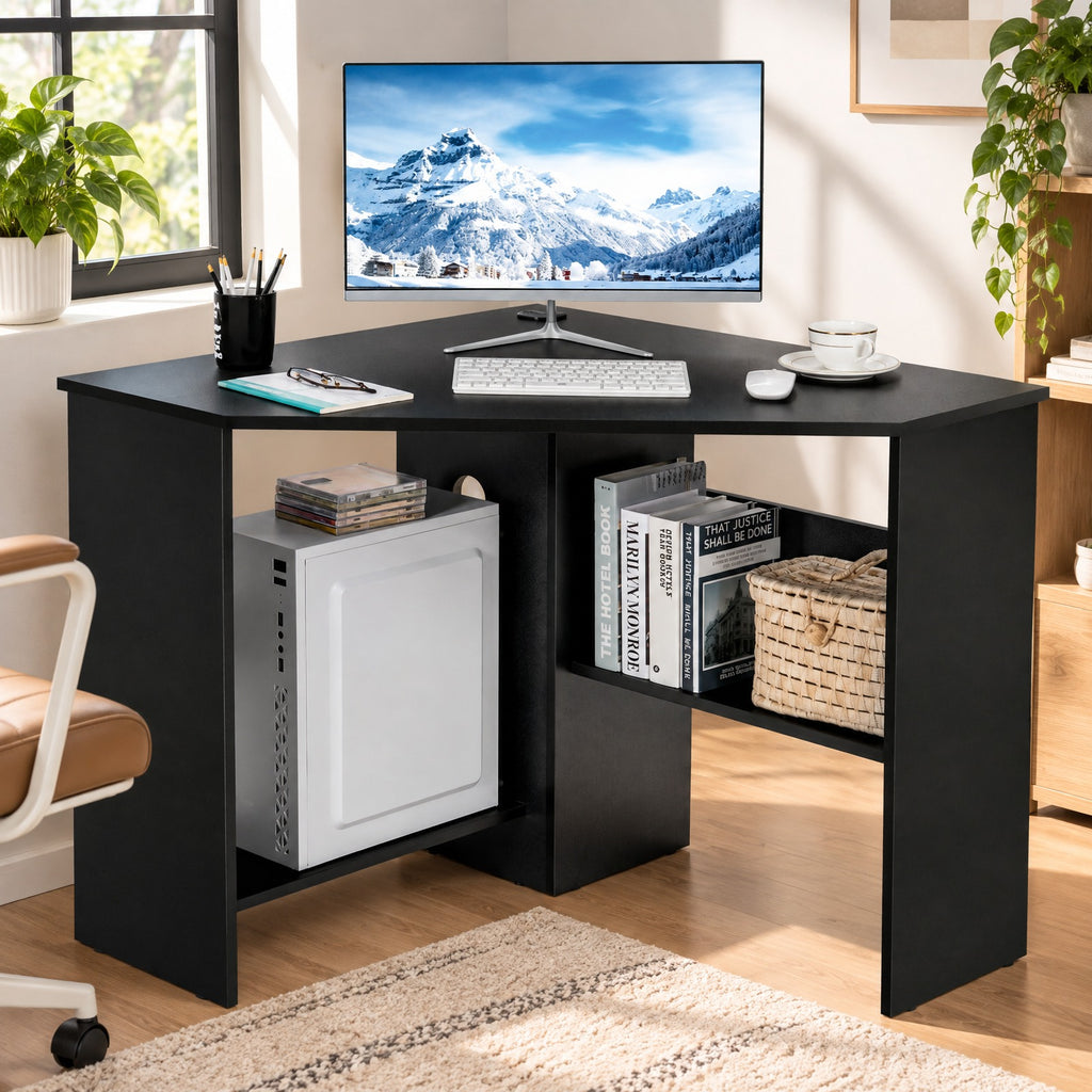 Airfind Corner Computer Desk Triangle Writing Workstation with Storage Shelf, 200 lbs Capacity, E0 engineered wood Frame, Black