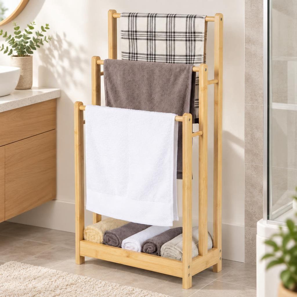 AIRFIND Bamboo Towel Rack, 3 Tier Freestanding Bathroom Organizer with Lower Storage Shelf and 5.5 lb Holding Capacity, Natural