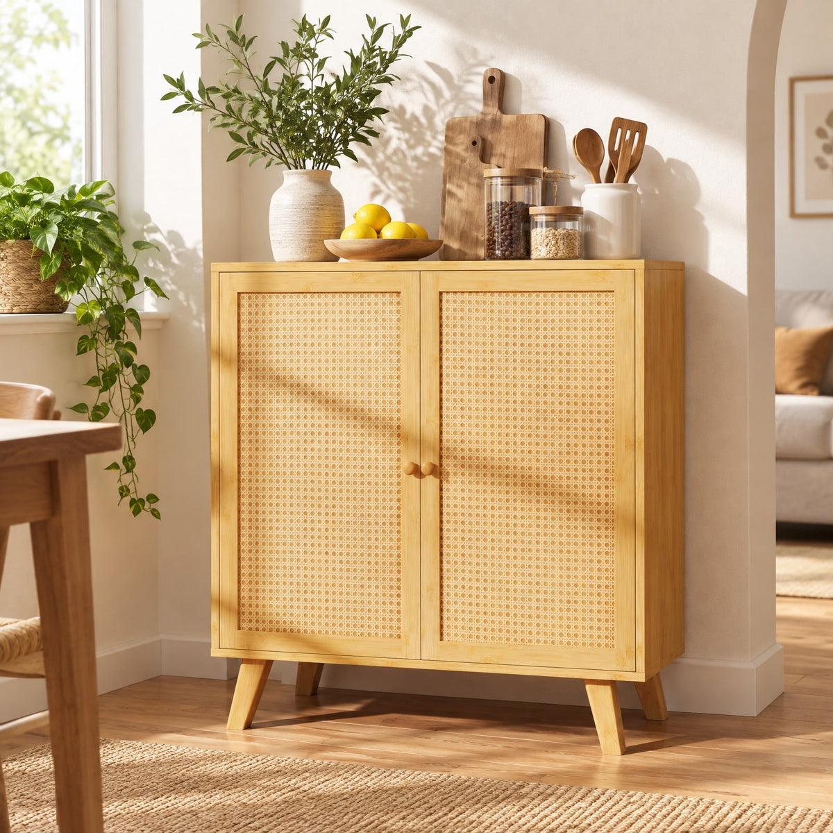 Airfind Bamboo Buffet Storage Cabinet with PE Rattan Doors and Freestanding Kitchen Cupboard, 110 lbs Capacity, Bamboo PE Rattan Frame, Natural