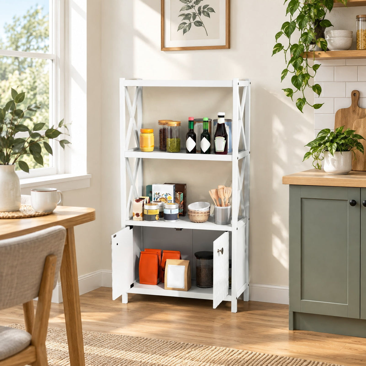 Airfind Bathroom Storage Cabinet, with Open Shelves and Double Doors, 88 lbs Capacity, Rubber Wood MDF Frame, 25 Inch x 12 Inch x 47 Inch Footprint, White