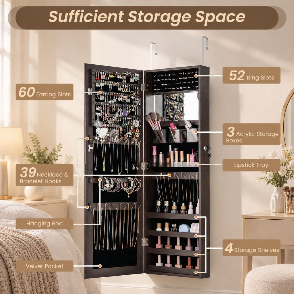 Airfind 43.5 Inch Jewelry Mirror Cabinet with Full-length Mirror and Adjustable Hangers, MDF Frame, Dark Brown