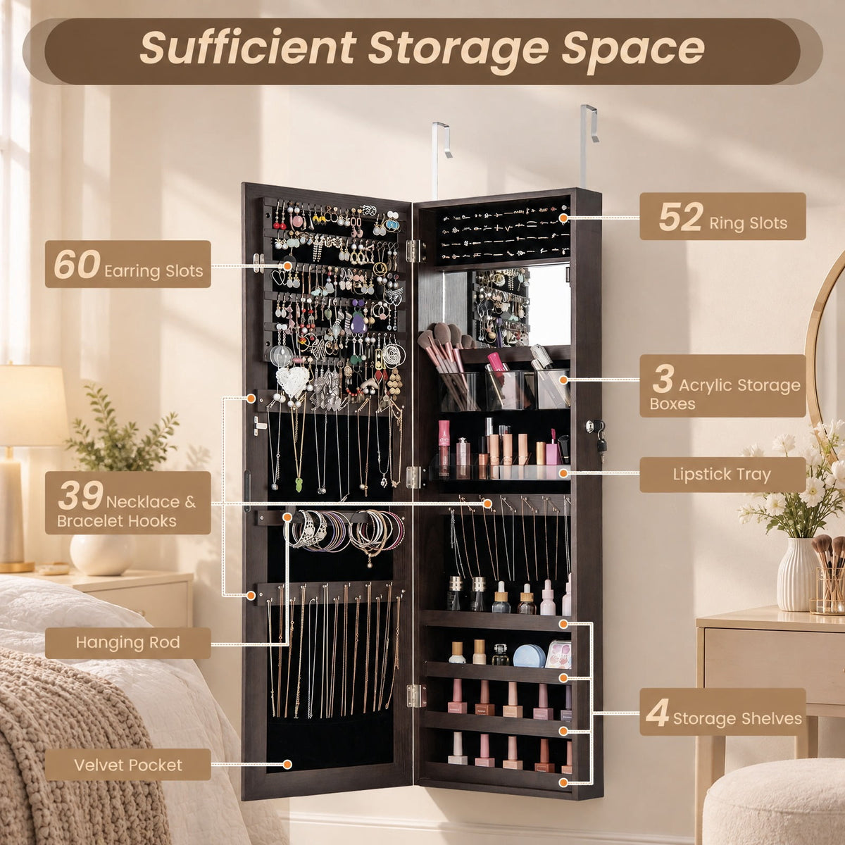 Airfind 43.5 Inch Jewelry Mirror Cabinet with Full-length Mirror and Adjustable Hangers, MDF Frame, Dark Brown