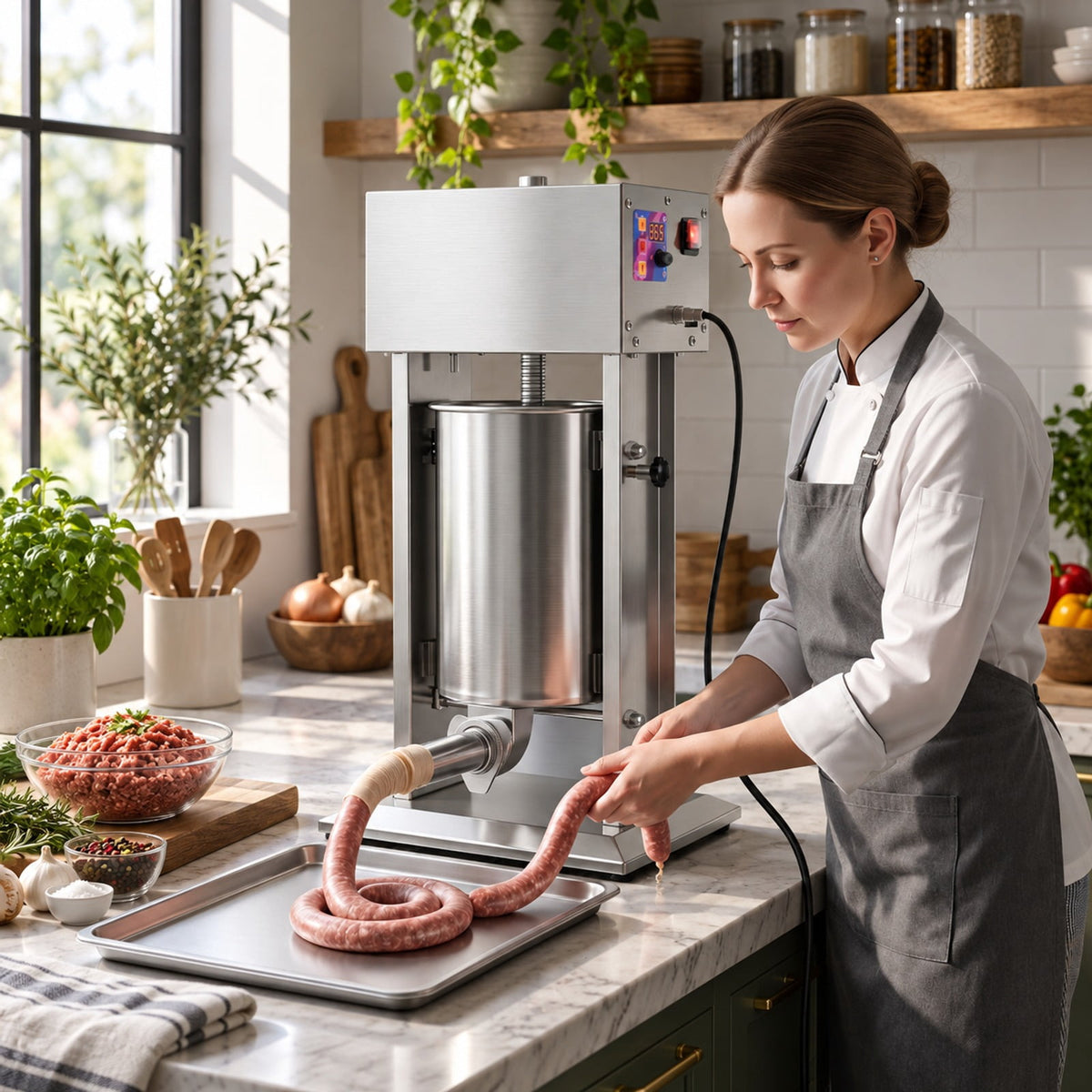 Airfind 10L Electric Sausage Stuffer with 4 Stuffing Tubes Foot Pedal and Stepless Speed Control, Stainless Steel Frame, Silver