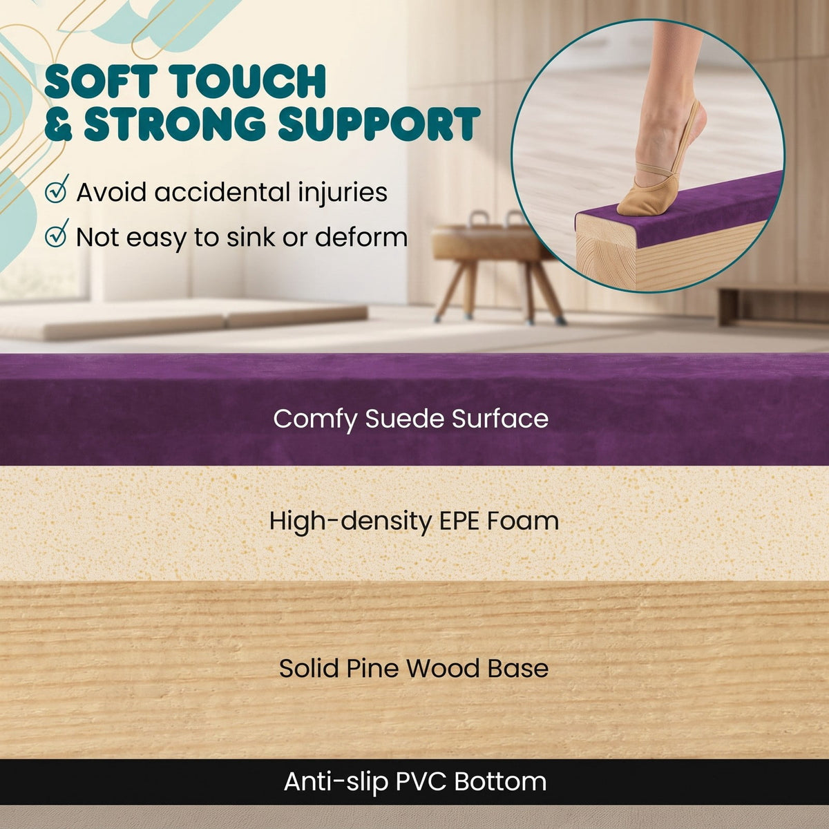 Airfind Folding Balance Beam for Kids with Solid Wood Base and Anti-slip Bottom for Home Gymnastics Training and Practice, Purple