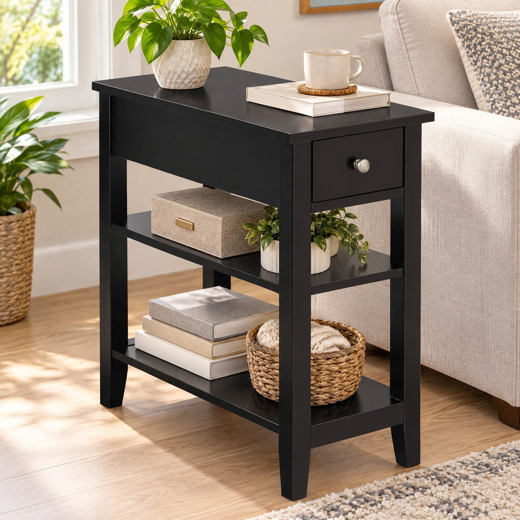 Airfind 3-Tier End Table with Drawer slideway and Double Shelves, 90 lbs Capacity, MDF Frame, 24 Inch x 12 Inch x 24.5 Inch (L x W xH) Drawer Footprint, Brown