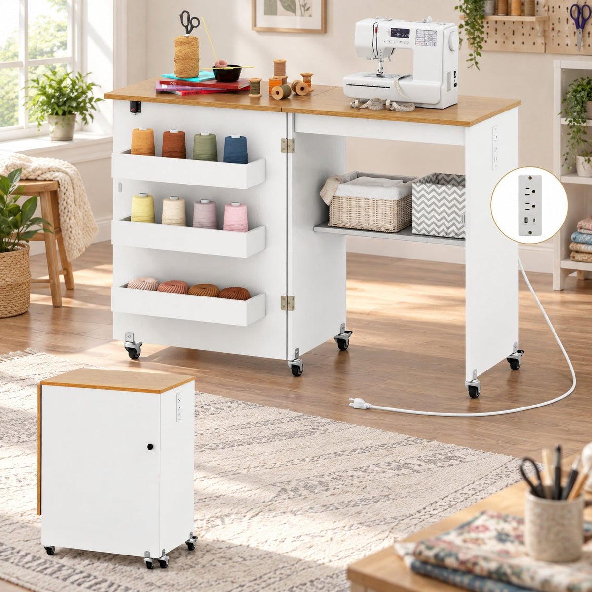 AIRFIND Sewing Table with Folding Worktop, Charging Station, Storage Shelves and Five Casters, 45.5 in Craft Cabinet, Brown