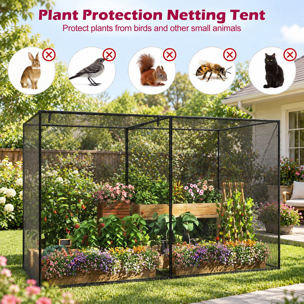 AIRFIND Garden Plant Cage 10 x 6.5 x 6.5 ft, Walk-In Crop Protection Enclosure with Mesh Netting, Zippered Roll-Up Doors and Carry Bag, Black