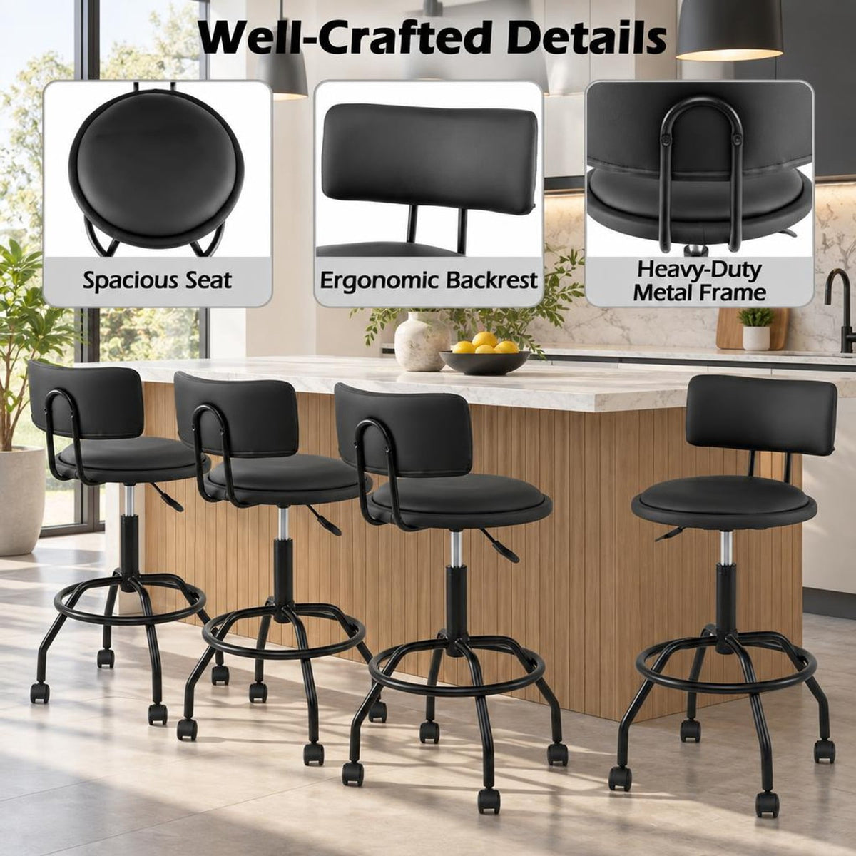 Airfind Modern Swivel Height Adjustable Bar Stool with Backrest, Bar Chair 330 lbs Capacity, Metal PU Leather Sponge Plywood Frame, Black