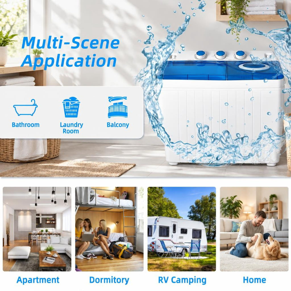 Airfind 26lbs Portable Semi-Automatic Twin Tub Washing Machine with Drain Pump, PP ABS Rated Frame, 27.5 x 16 x 32 Footprint, Blue