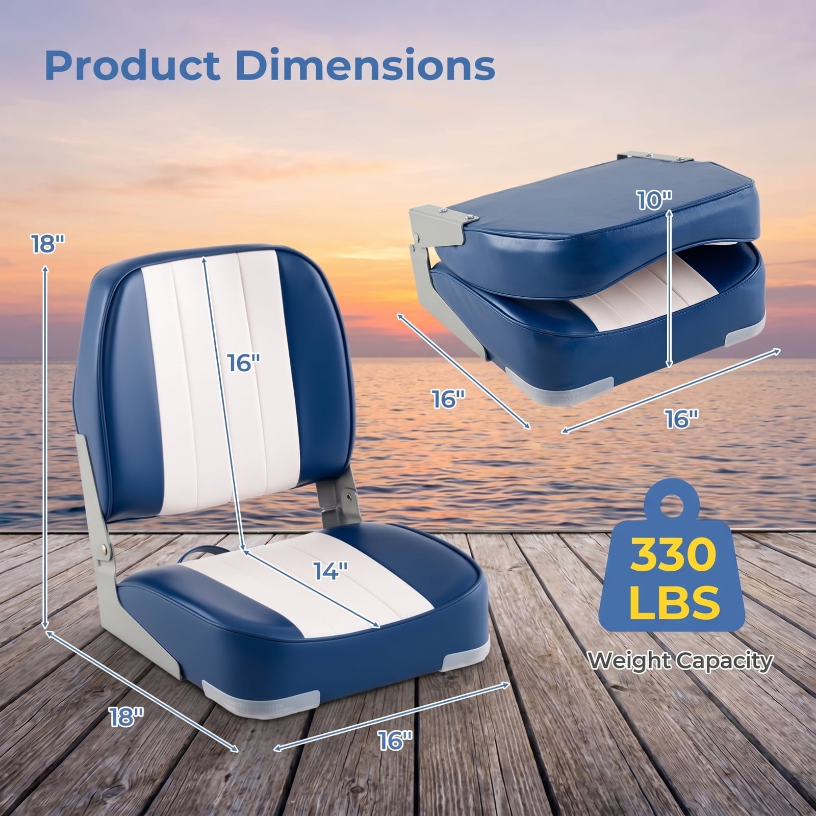 Airfind 2-Pack Folding Low-Back Boat Seats for Fishing Boat, Pontoon Runabout ¡ª Marine PVC Leather, Aluminum Hinges, 5 x 5 Bolt Pattern, 330 lb Rated (Blue White)