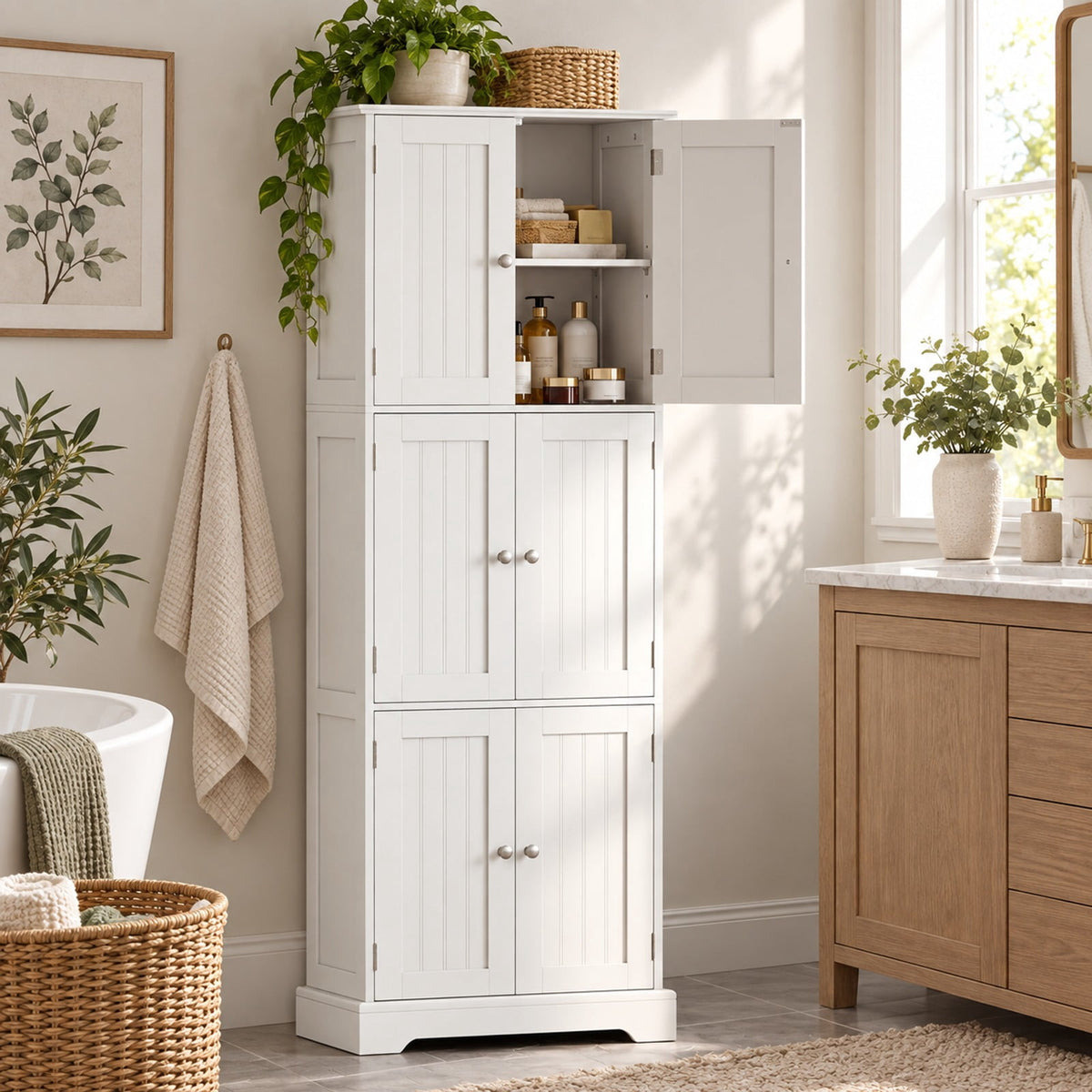 Airfind 63 Inch Tall Bathroom Storage Cabinet with 6 Doors and Adjustable Shelves, 44 lbs Capacity, Engineered Wood Frame, White