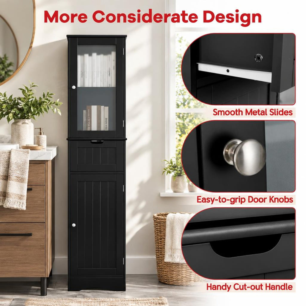 Airfind Tall Floor Storage Cabinet with 2 Doors and 1 Drawer for Bathroom, MDF Tempered Glass Frame, 16in x 12in x 67in Footprint, Black