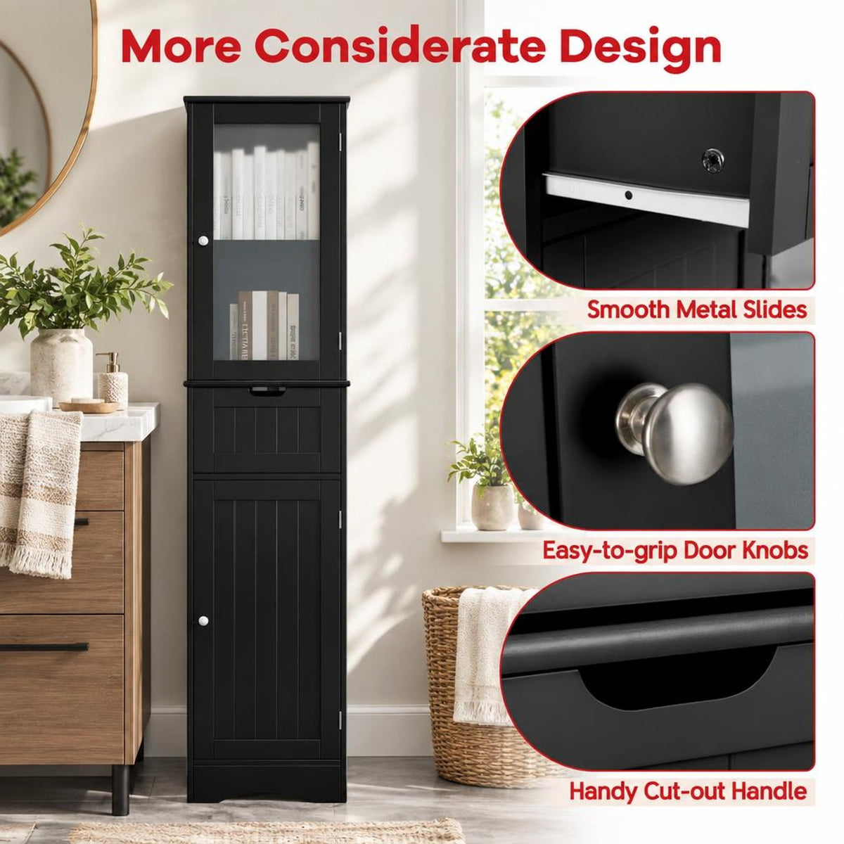 Airfind Tall Floor Storage Cabinet with 2 Doors and 1 Drawer for Bathroom, MDF Tempered Glass Frame, 16in x 12in x 67in Footprint, Black