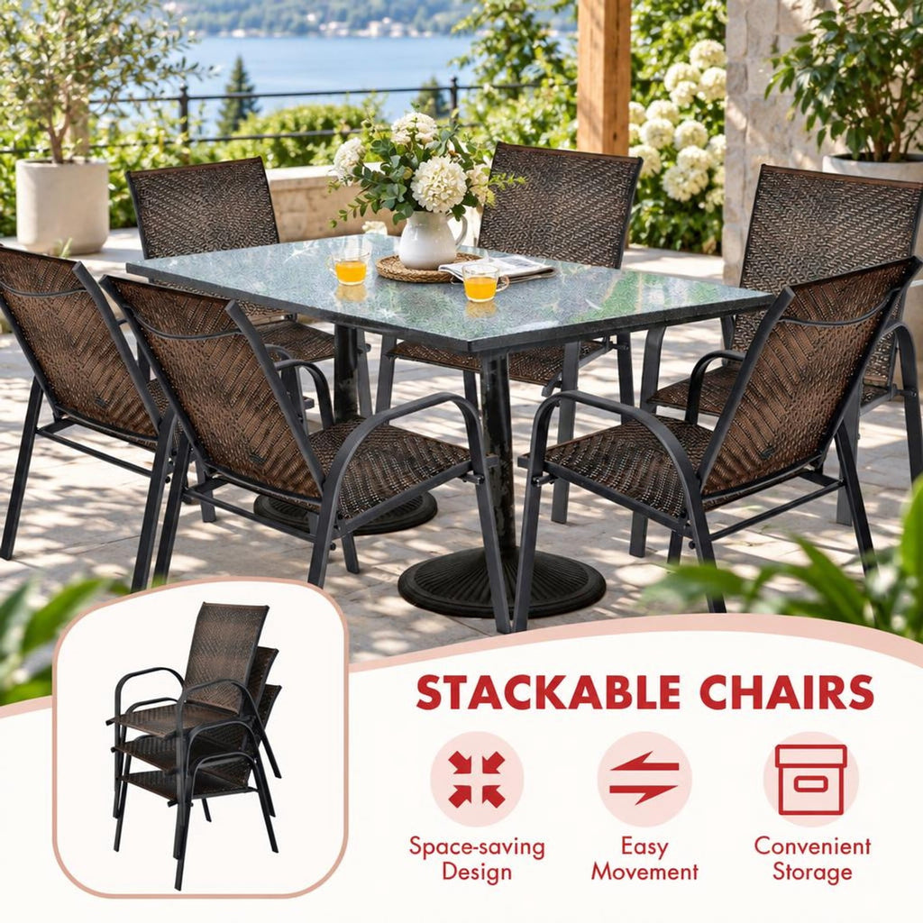 Airfind Set of 6 Outdoor PE Wicker Stackable Chairs with Sturdy Steel Frame, PE rattan steel Frame, Brown