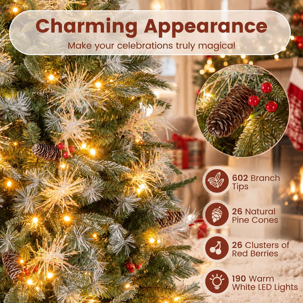 Airfind 5 Feet Pre-Lit Artificial Christmas Tree with 8 Modes LED Lights with Berries, PVC PE PET Metal 5 Feet Frame, 3 x 5 ft Footprint, Green