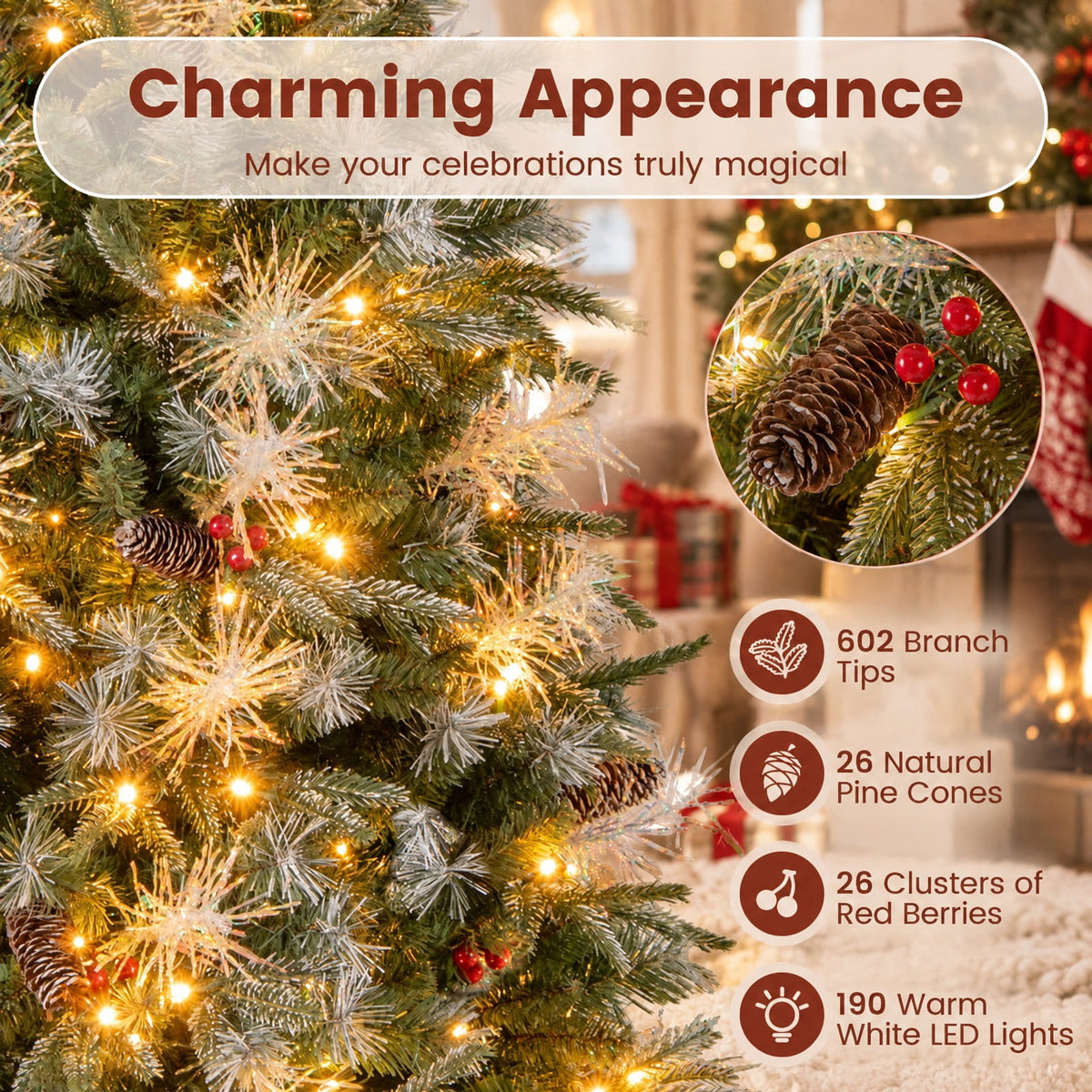 Airfind 5 Feet Pre-Lit Artificial Christmas Tree with 8 Modes LED Lights with Berries, PVC PE PET Metal 5 Feet Frame, 3 x 5 ft Footprint, Green