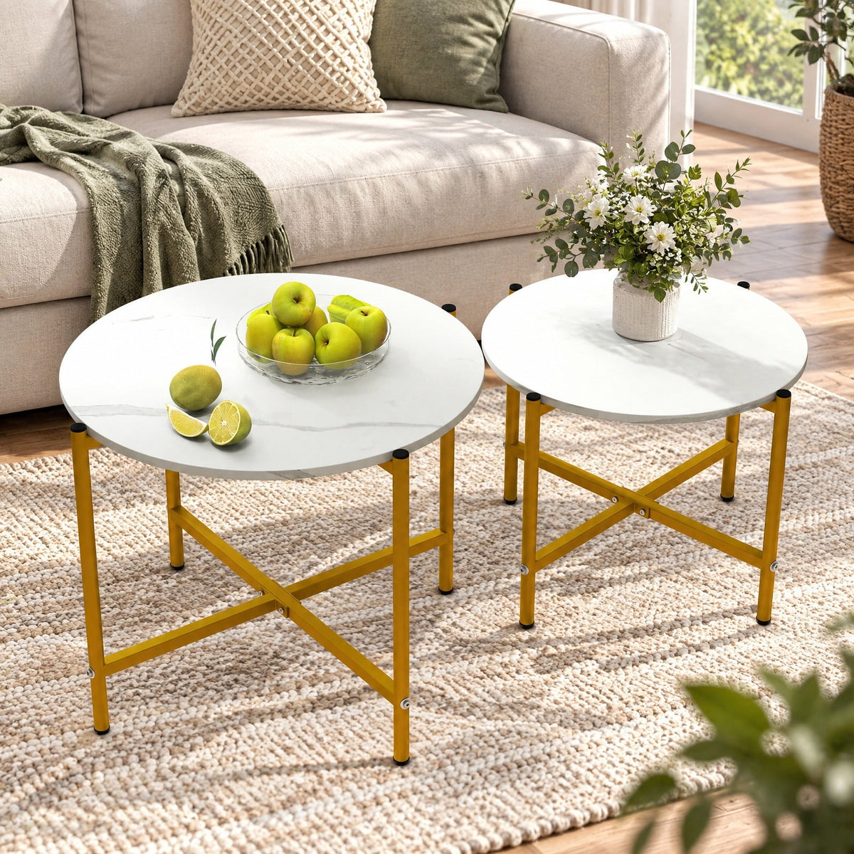 Airfind Round Coffee Table Set of 2 with Heavy-Duty Metal Frame, 200 lbs Capacity, Engineered Wood Metal Frame, 25.5 x 25.5 x 20 Footprint, White