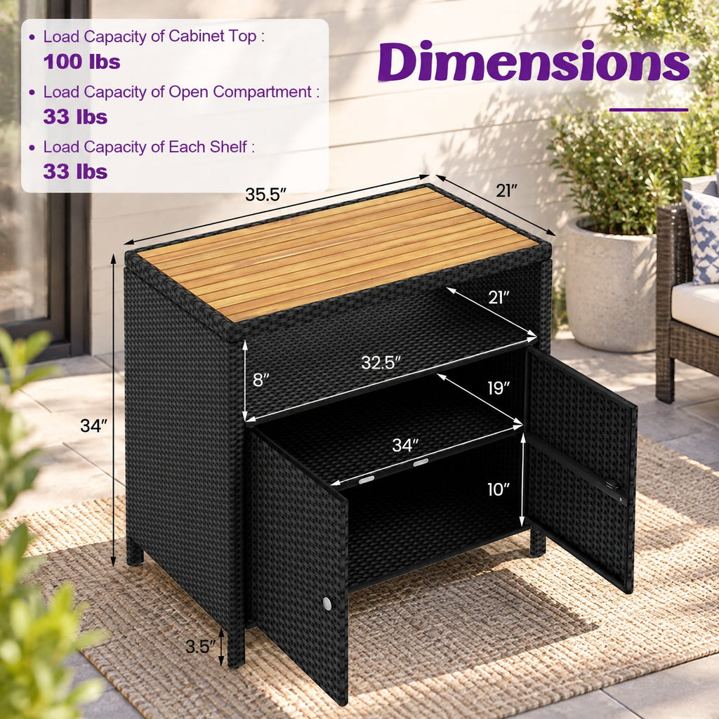 Airfind Rattan Storage Cabinet with Acacia Wood Countertop for Poolside Deck and Patio, 100 lbs Capacity, PE Rattan Acacia Wood Metal Frame, Black