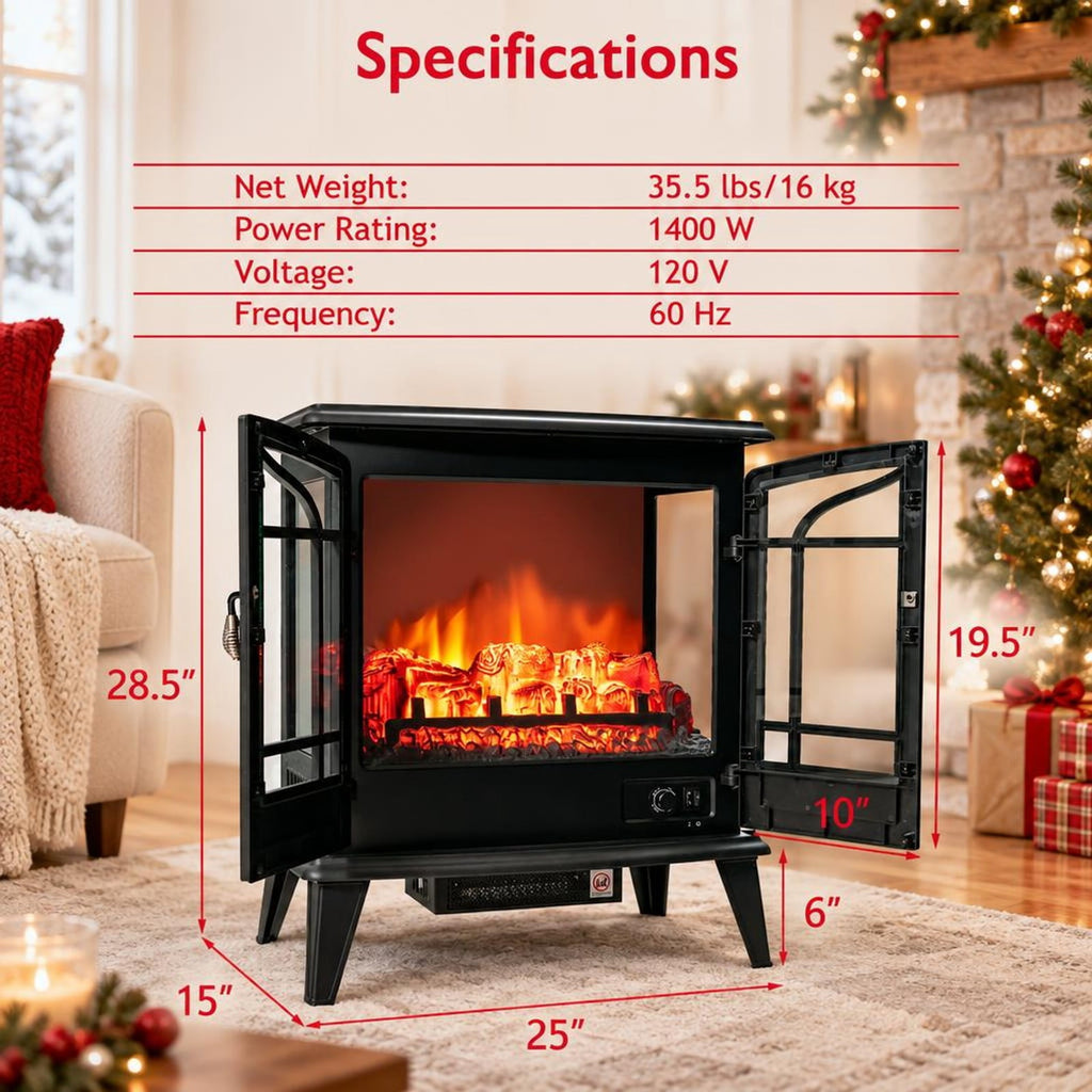 Airfind 25 Inch Freestanding Electric Fireplace Heater with Realistic Flame effect, Iron Frame, 25in x 15in x 28.5in (L x W x H） Footprint, Black