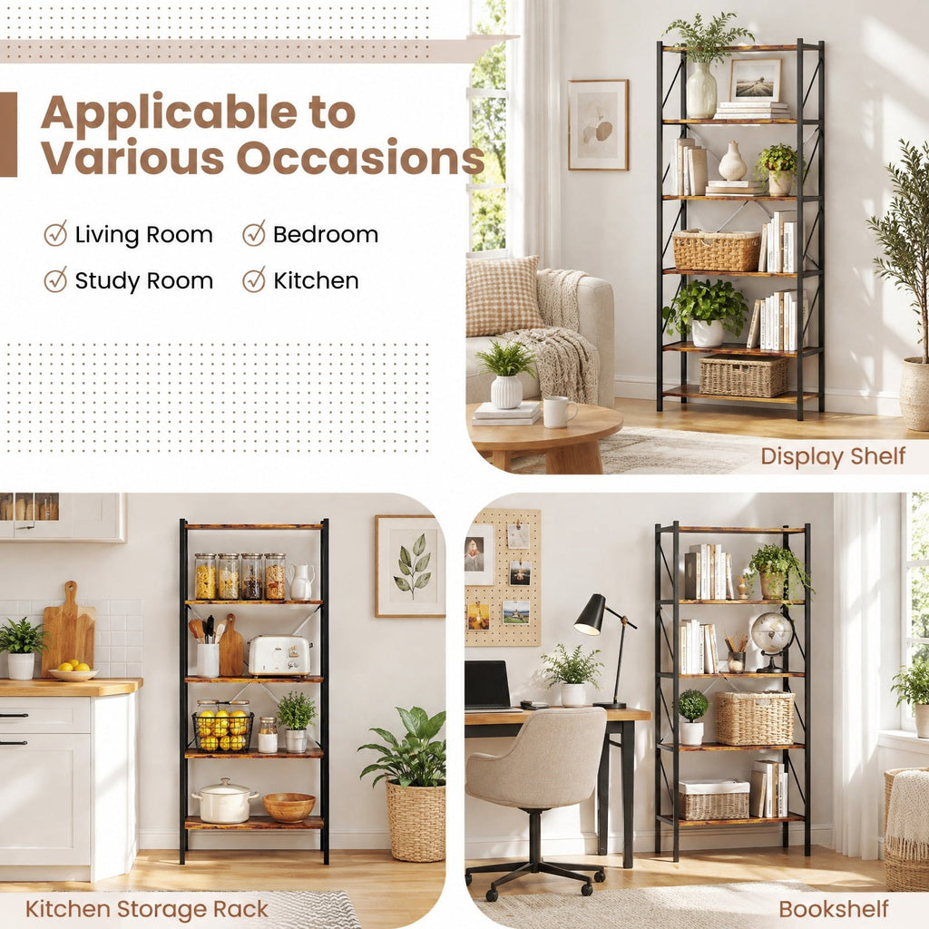 Airfind 5-Tier Bookshelf with Open Shelves and Heavy Duty Metal Frame, 220 lbs Capacity, Metal Engineered Wood Frame, Brown