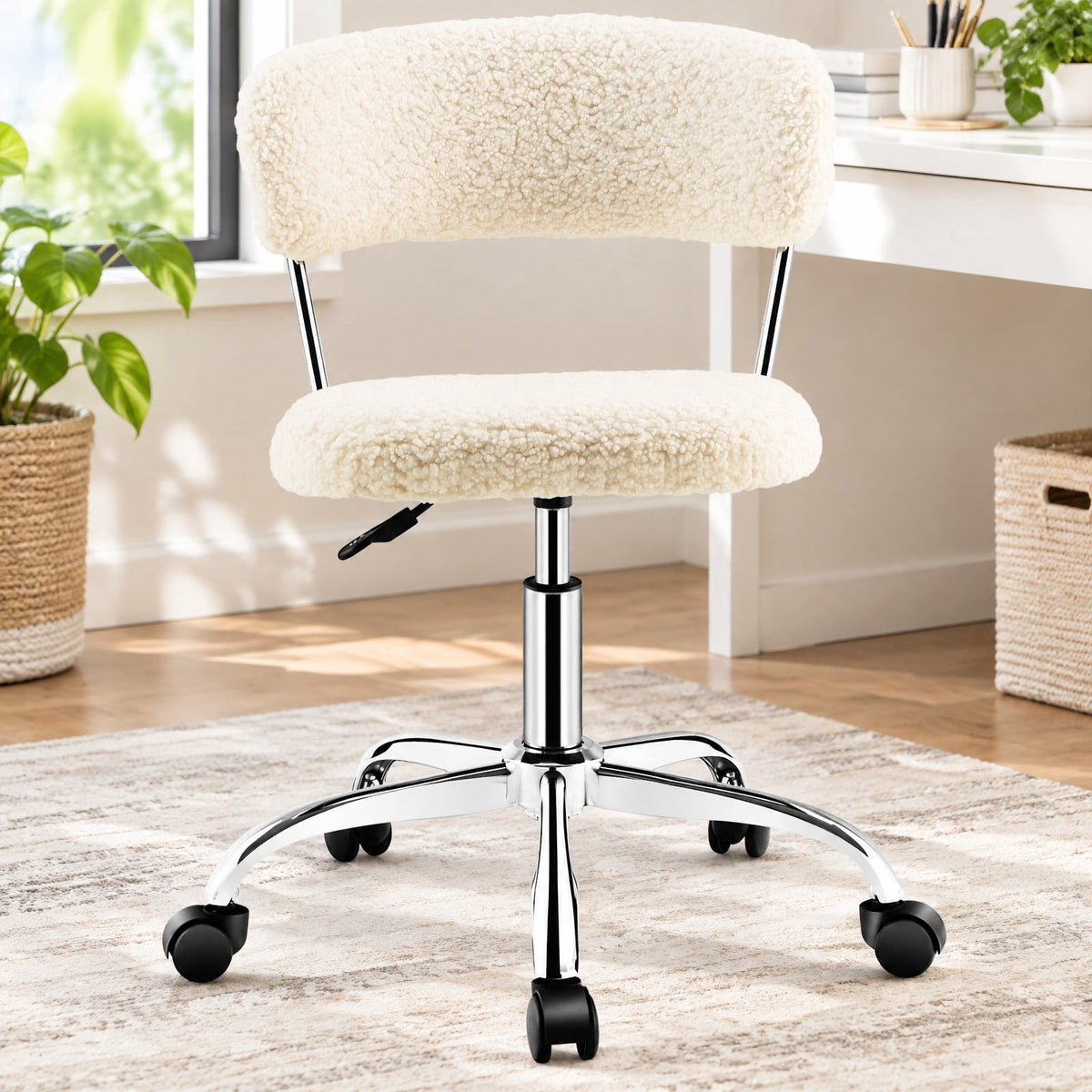 Airfind Computer Desk Chair Adjustable Sherpa Office Chair Swivel Vanity Chair, 330 lbs Capacity, Sherpa plywood sponge steel Frame, White