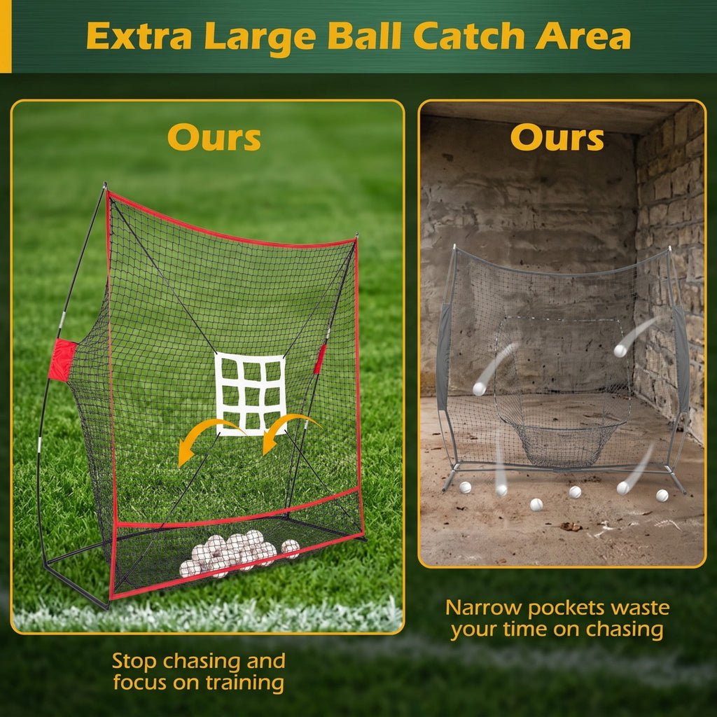 Airfind 7 x 7.4 FT Baseball Practice Net with 2 Strike Zones and Ball Collection System, Portable Pitching Batting Hitting Rebounder for Backyard, Black and Red