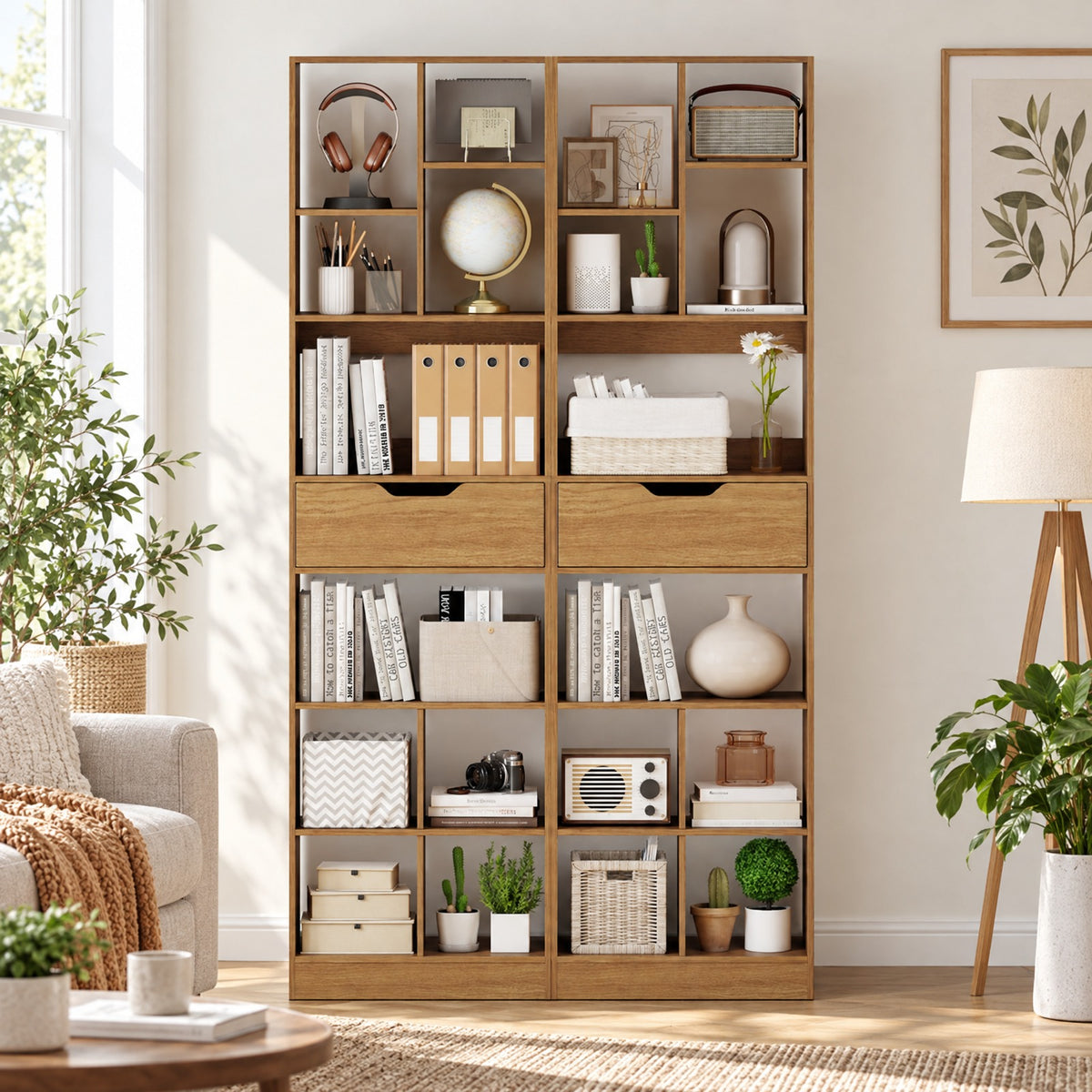 Airfind 71inch Tall Freestanding Bookcase with Drawer 10-Cube Storage Organizer, 205 lbs Capacity, Engineered Wood MDF Frame, Natural