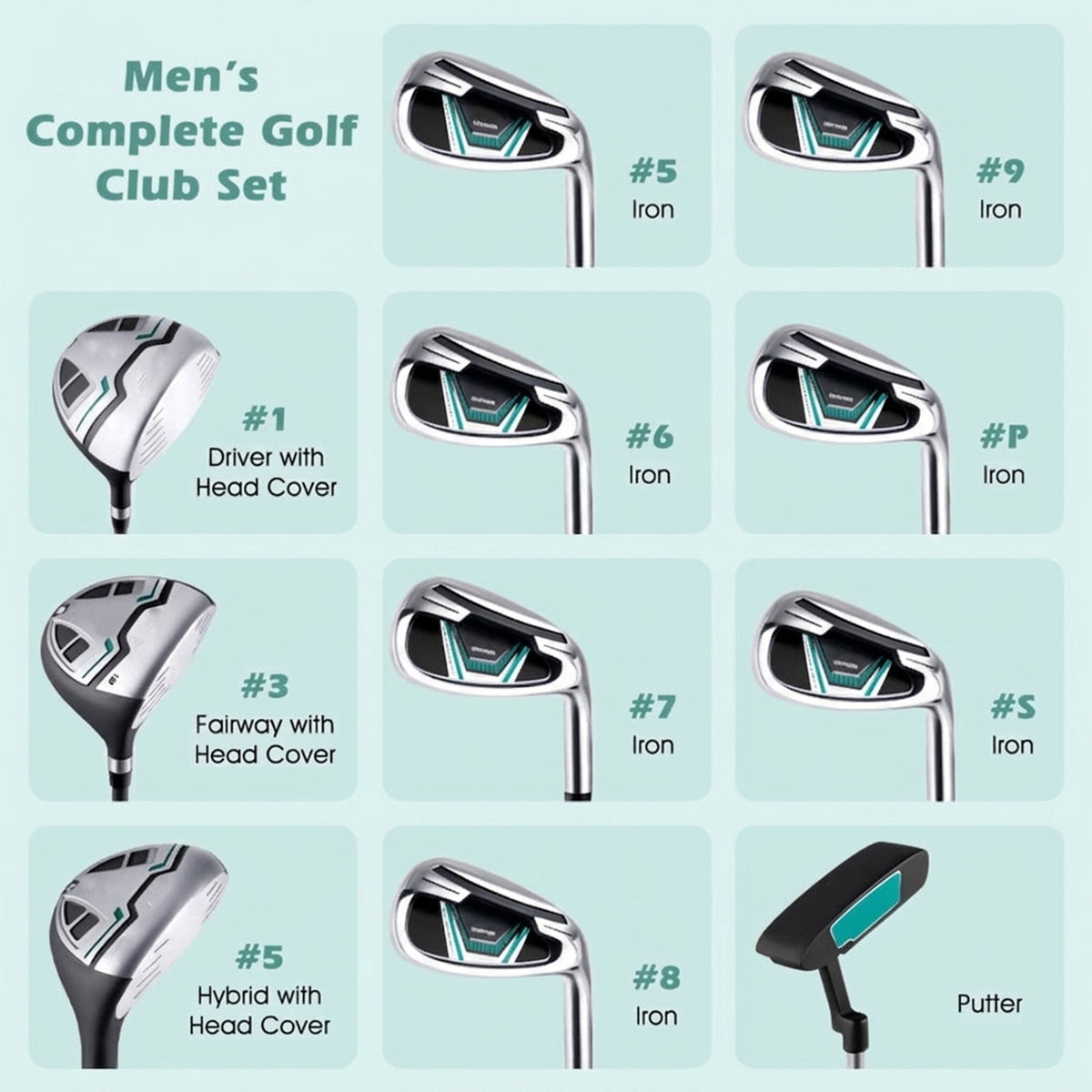 Airfind Junior Complete Golf Club Set for Ages 11-13 with 5 Pieces Including a 460cc Fairway Wood and Irons Plus Putter and Stand Bag as a Full Golf Club Set, Green