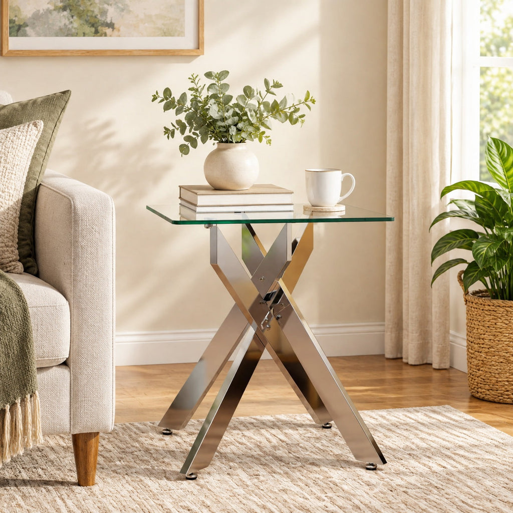 Airfind Glass Side Table Square End Table with Tempered Glass Top and Metal X Base, 20 Inch x 20 Inch x 22.5 Inch Load Footprint, Silver