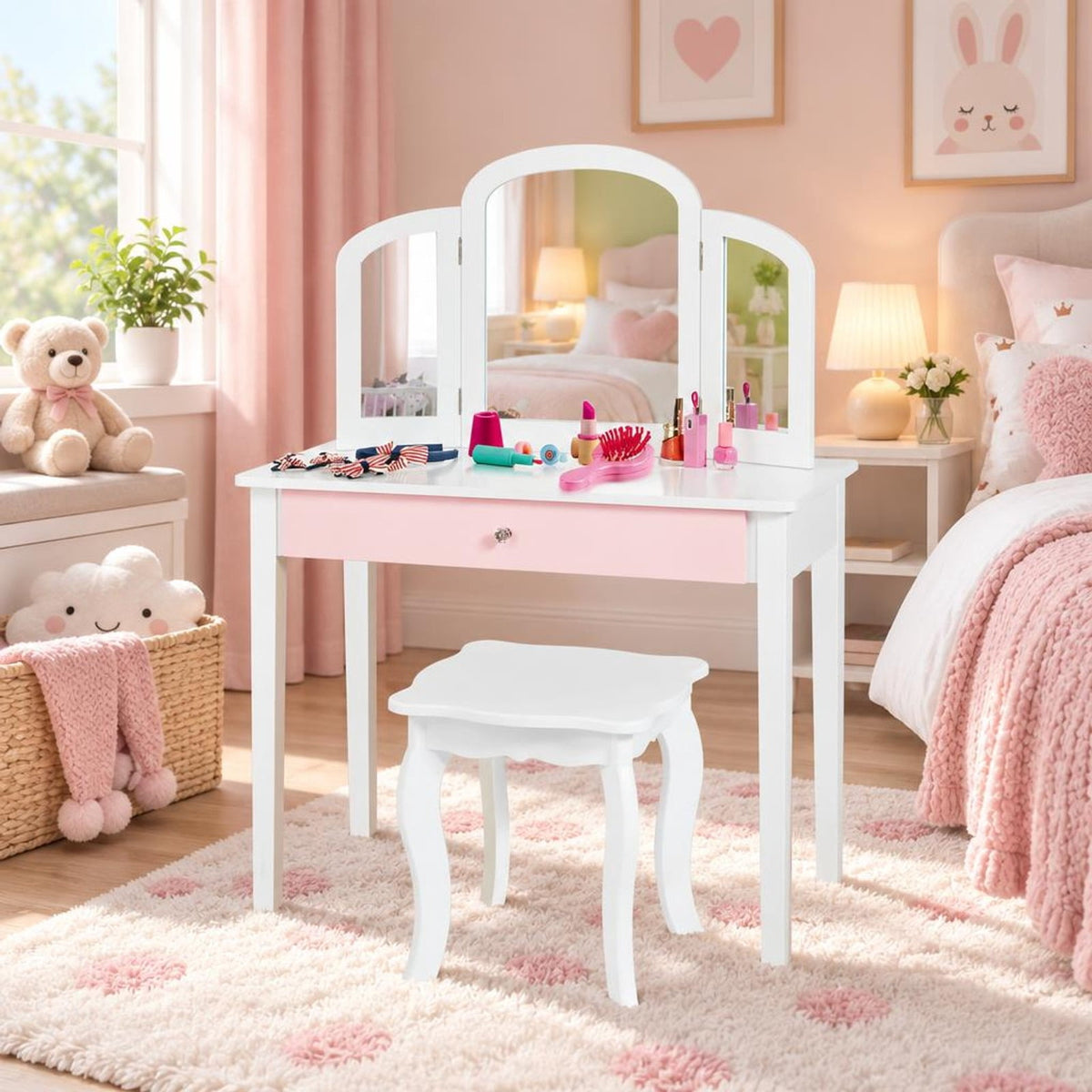 Airfind Kids Princess Make Up Dressing Table with Tri-folding Mirror and Chair, 33 lbs Capacity, MDF Frame, 27.5 x 13.5 x 37.5 Footprint, White