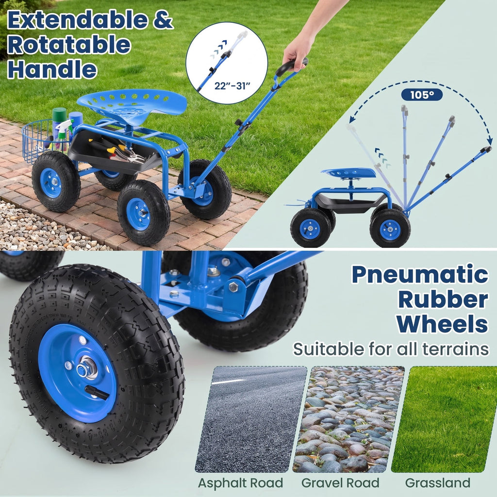 Airfind Heavy Duty Garden Cart with Tool Tray and 360 Swivel Seat, 330 lbs Capacity, Steel Rubber Plastic Frame, 38 x 17 x Footprint, Blue
